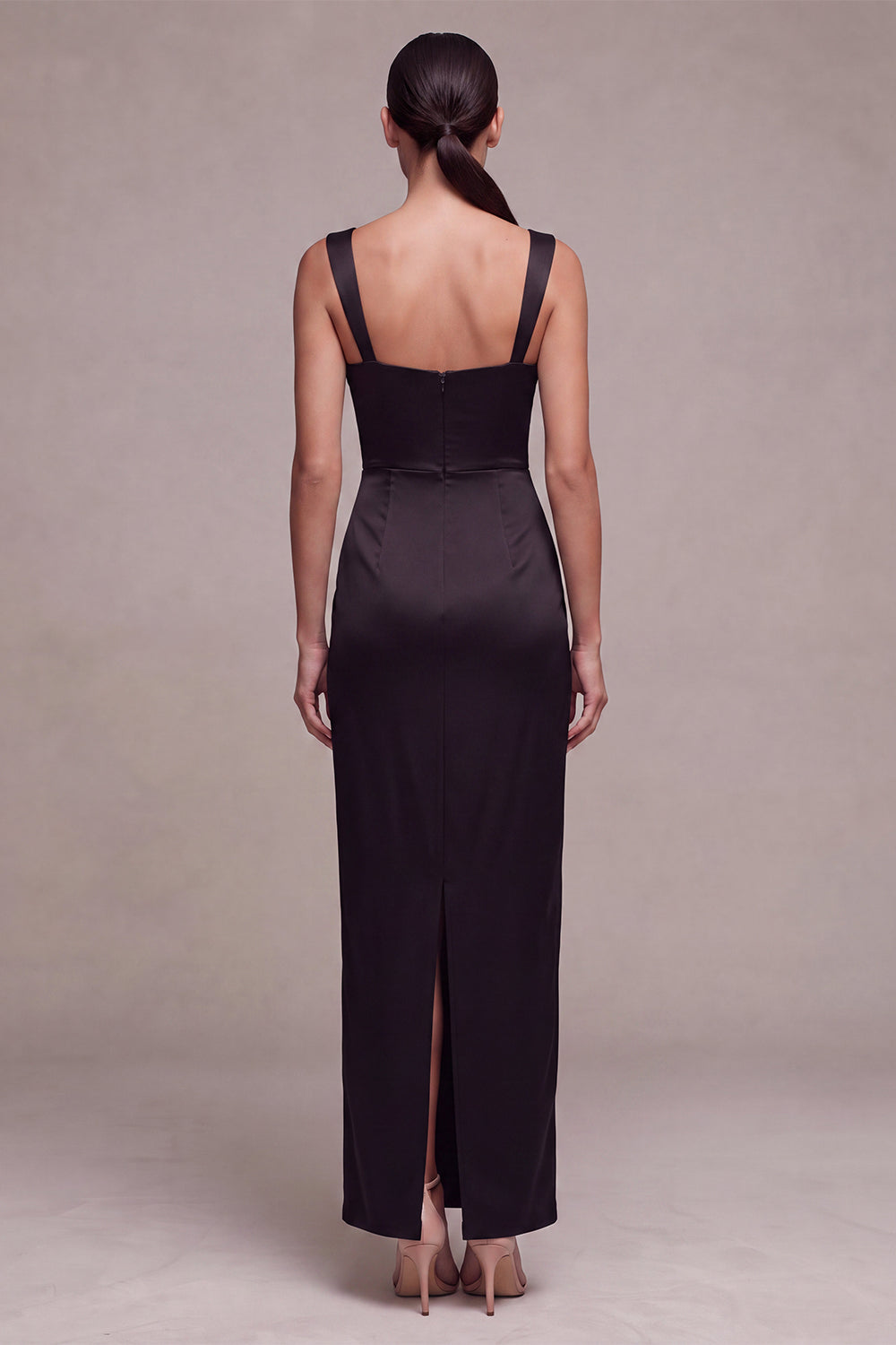 Black Satin Square Neck Sheath Ruched Long Formal Dress