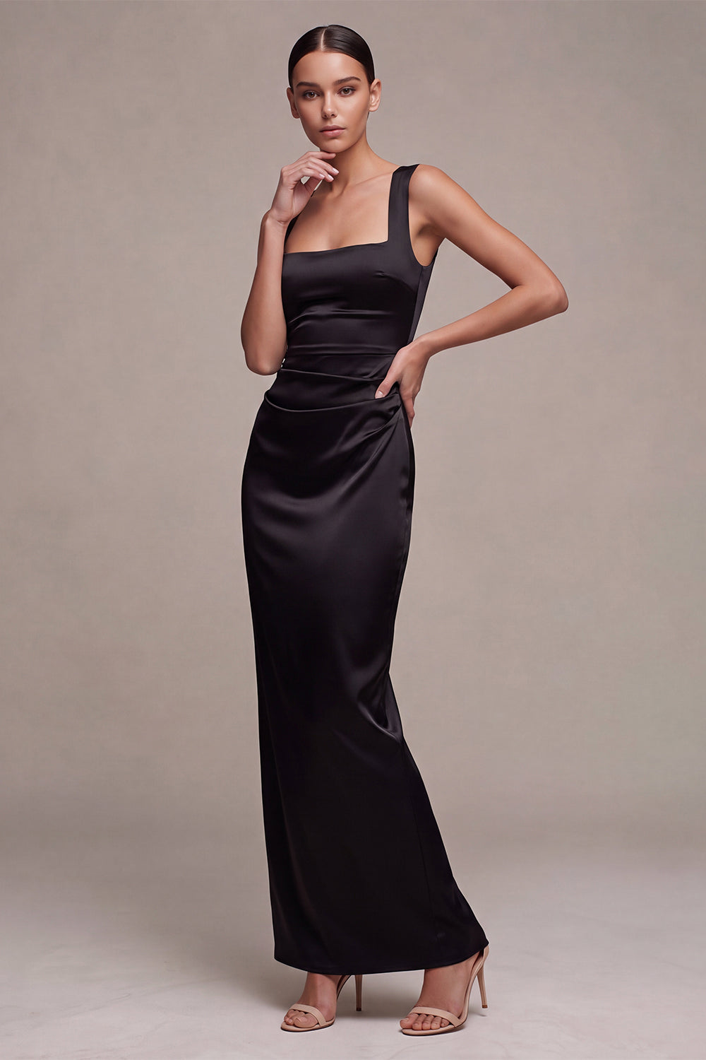 Black Satin Square Neck Sheath Ruched Long Formal Dress