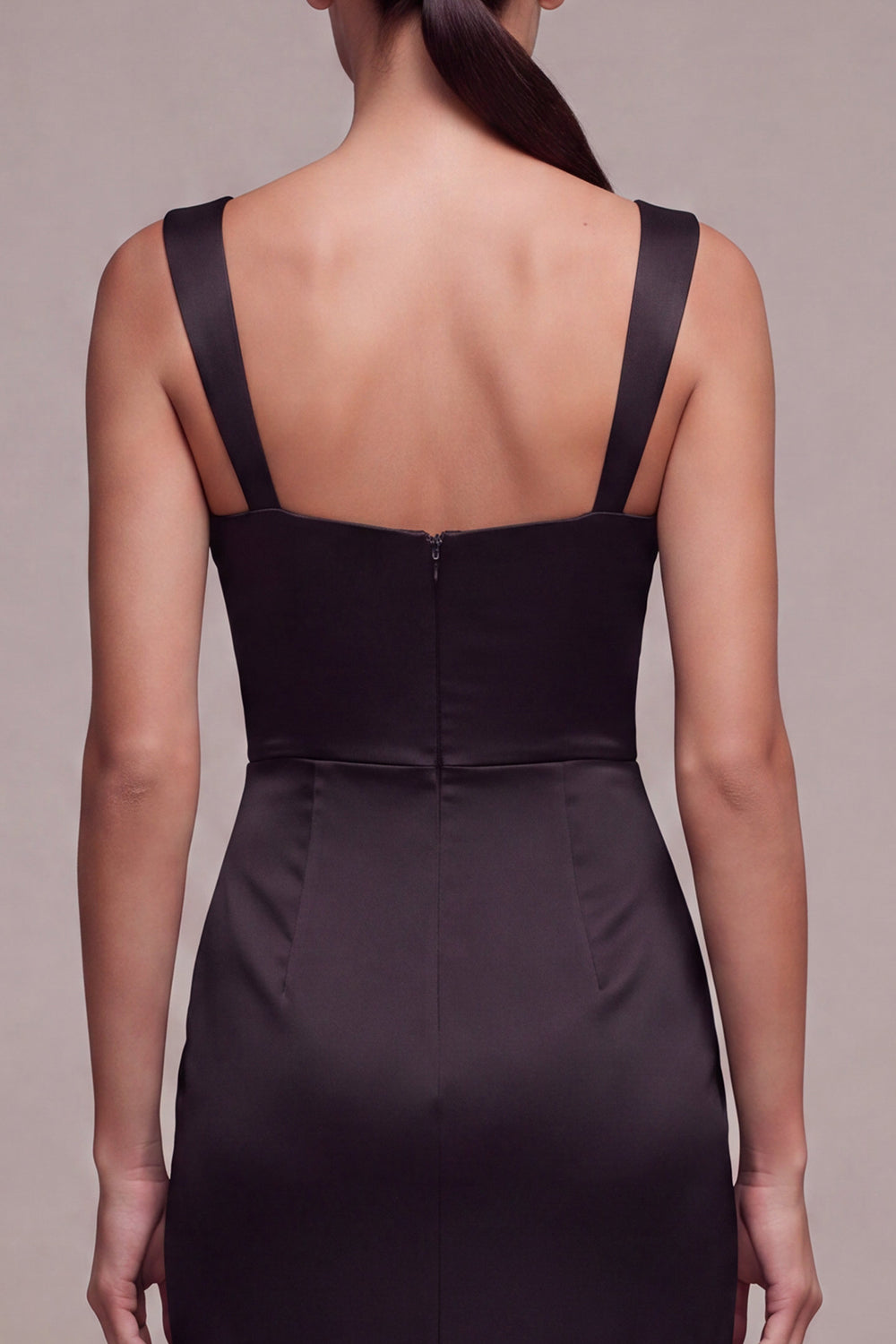 Black Satin Square Neck Sheath Ruched Long Formal Dress