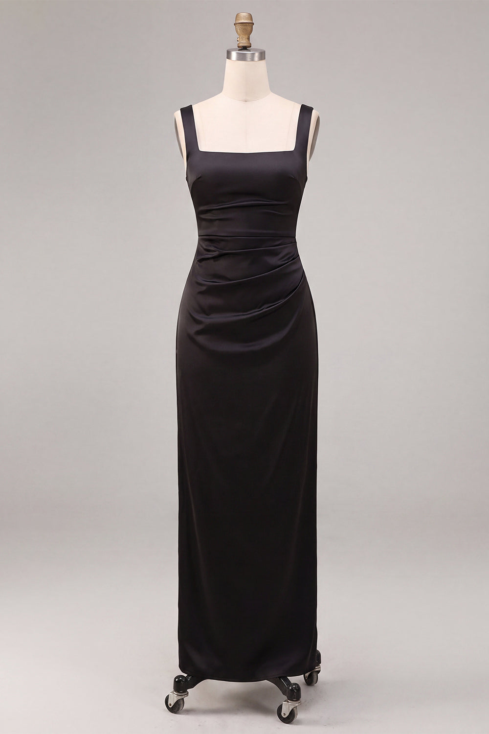 Black Satin Square Neck Sheath Ruched Long Formal Dress