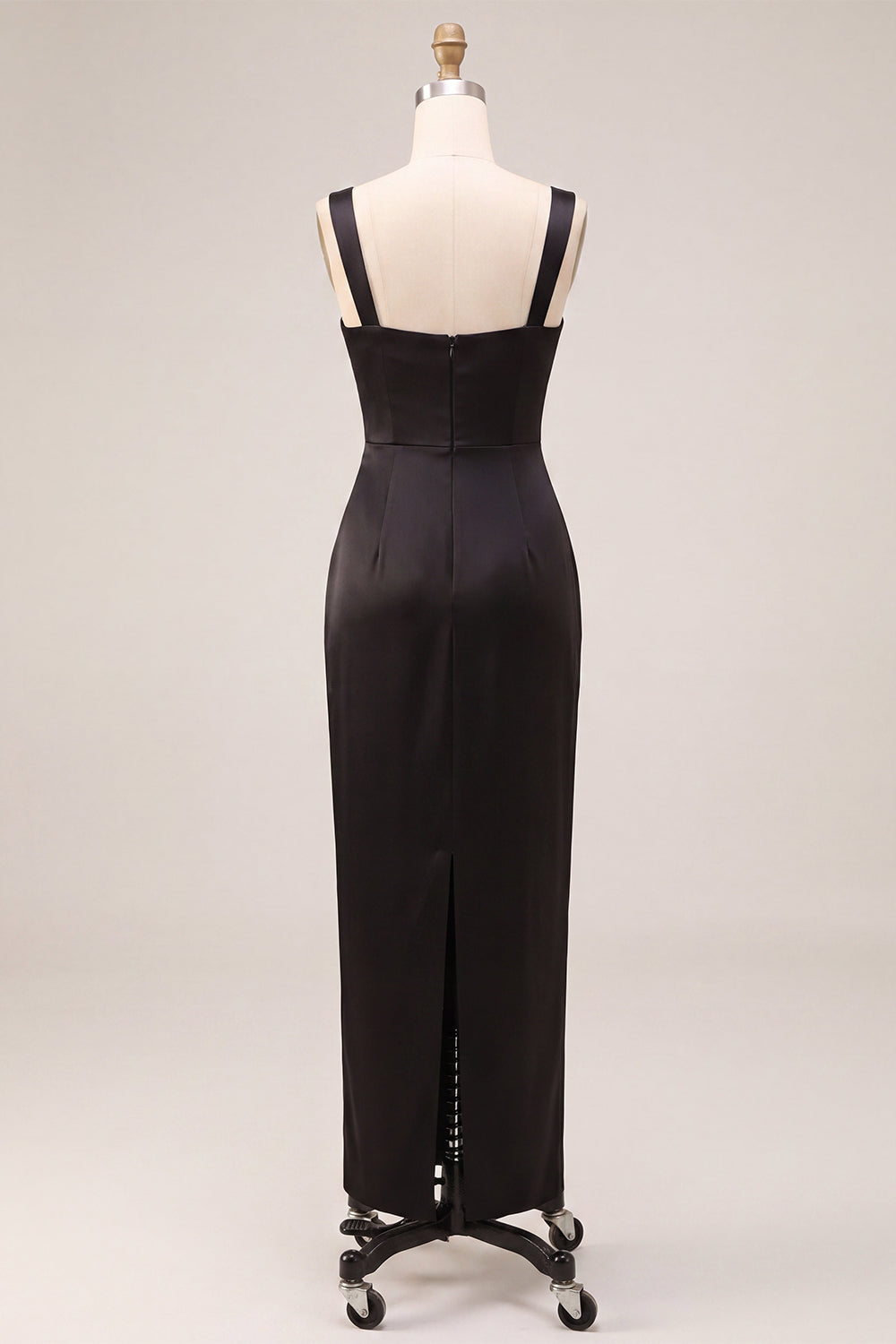 Black Satin Square Neck Sheath Ruched Long Formal Dress