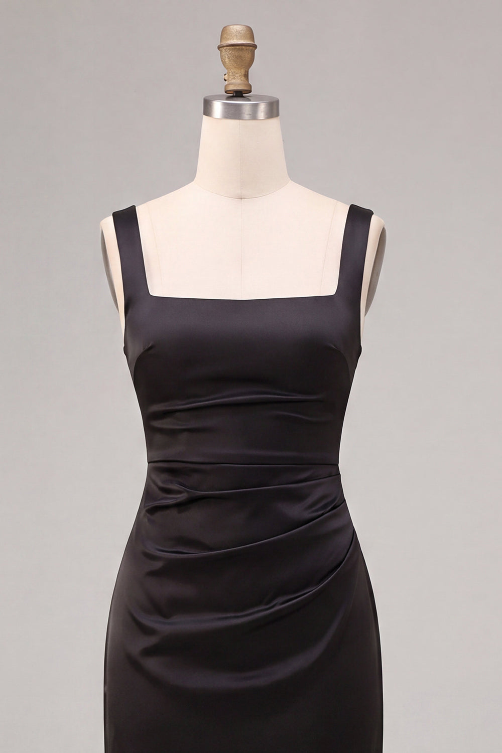 Black Satin Square Neck Sheath Ruched Long Formal Dress