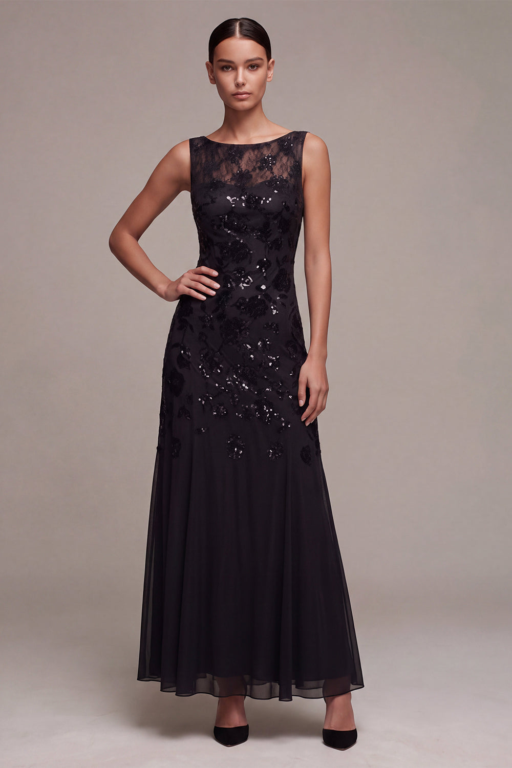 Sparkly Beaded Black Floral Long Formal Dress A Line Sequin Illusion Boat Neck Evening Dress