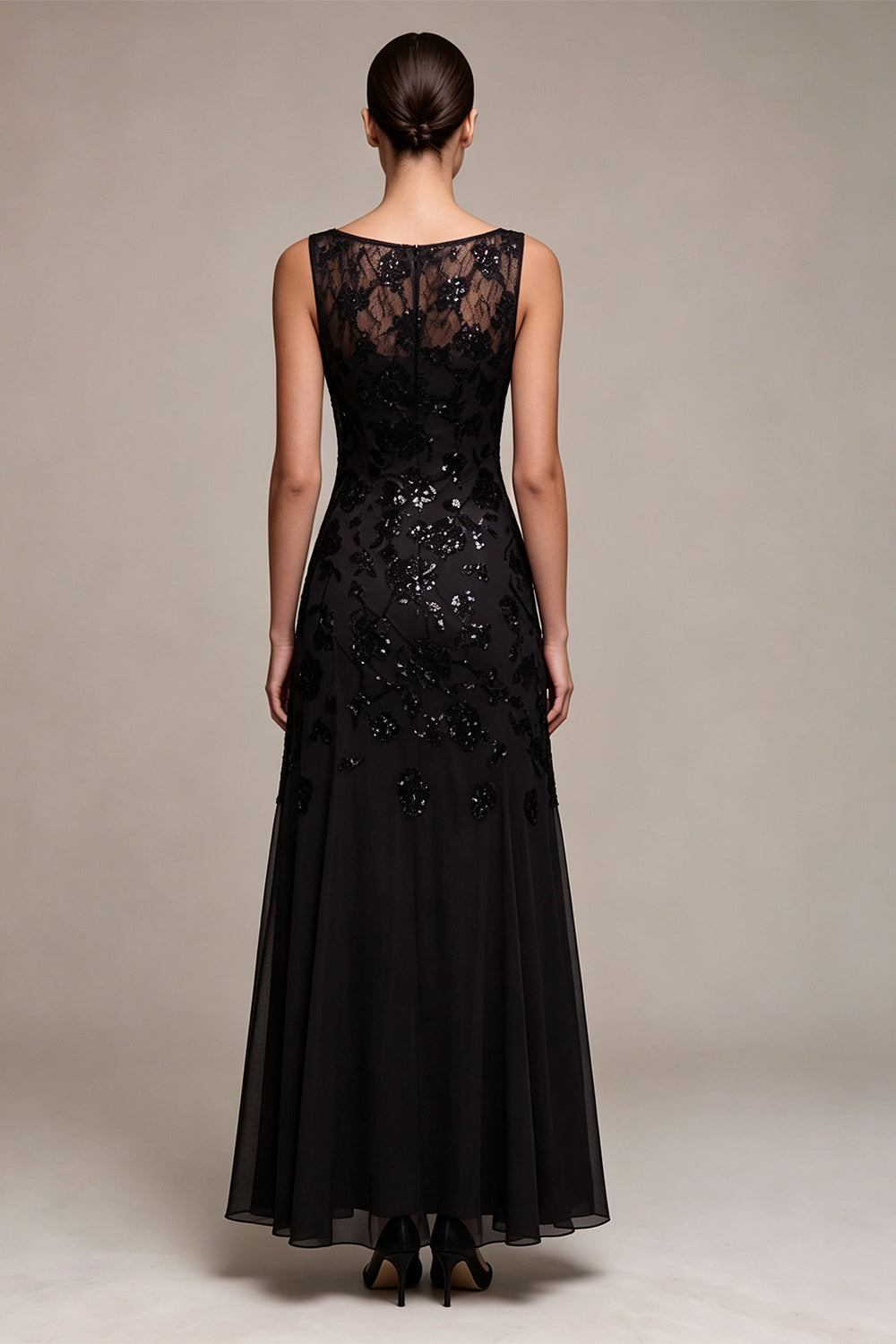 Floral Sequin Black Sparkly A Line Long Formal Dress