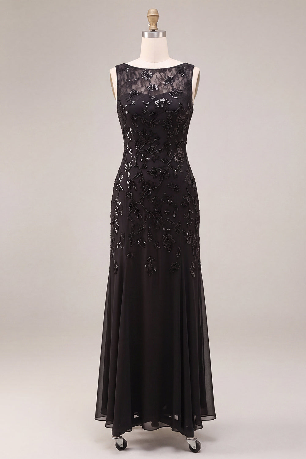 Floral Sequin Black Sparkly A Line Long Formal Dress
