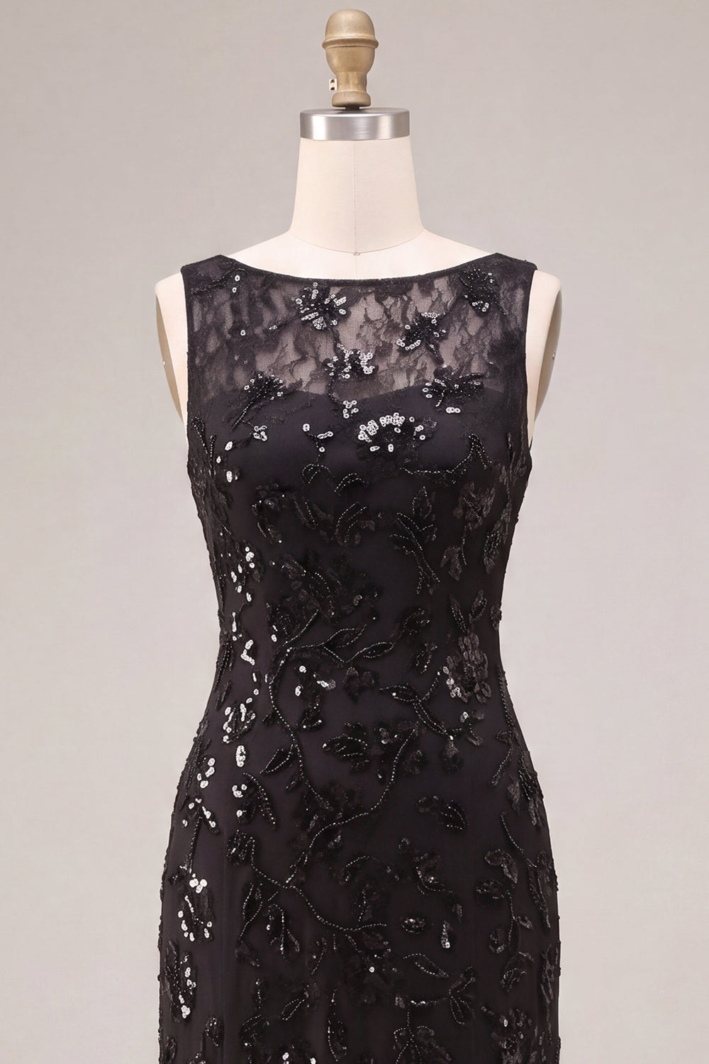 Floral Sequin Black Sparkly A Line Long Formal Dress