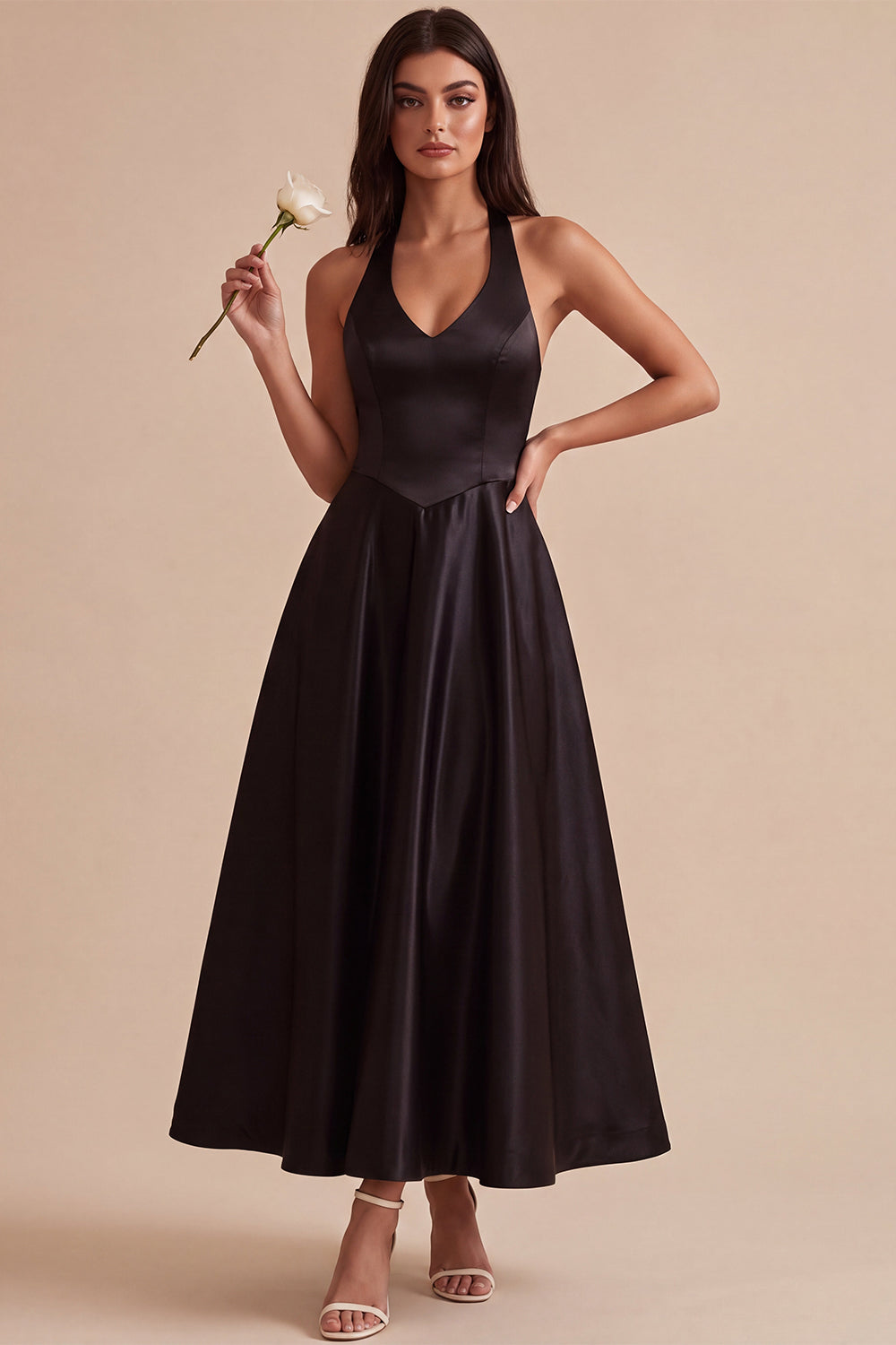 Black Halter Simple Long Formal Dress A Line Satin Evening Dress