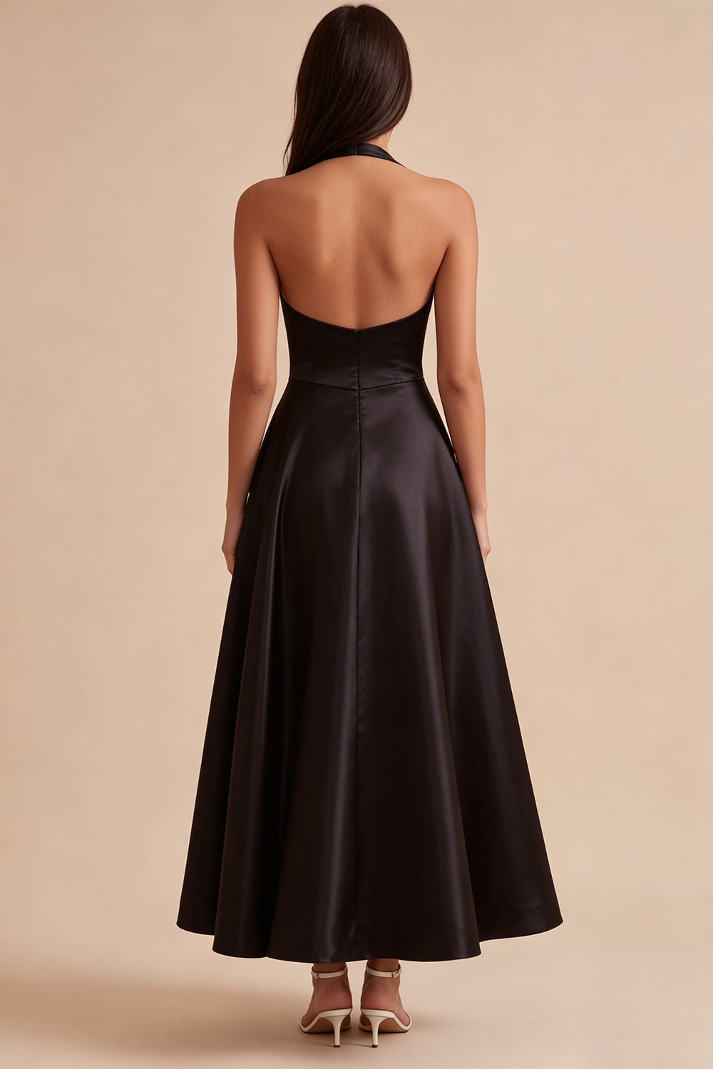 Black Satin Halter A Line Simple Long Formal Dress