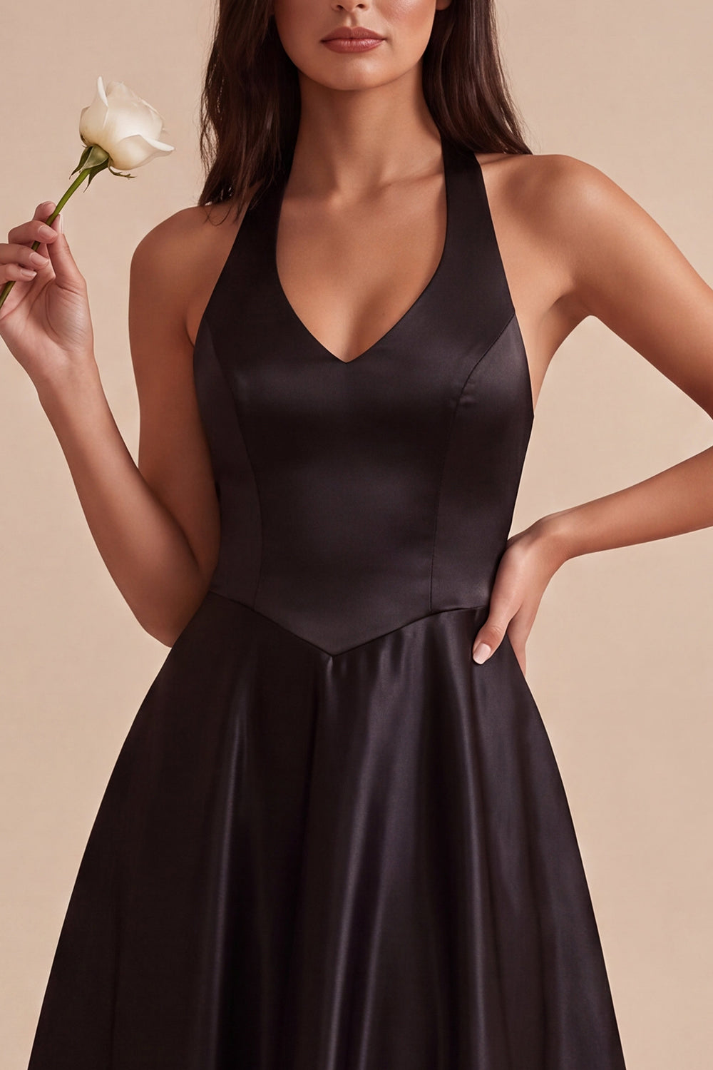 Black Satin Halter A Line Simple Long Formal Dress