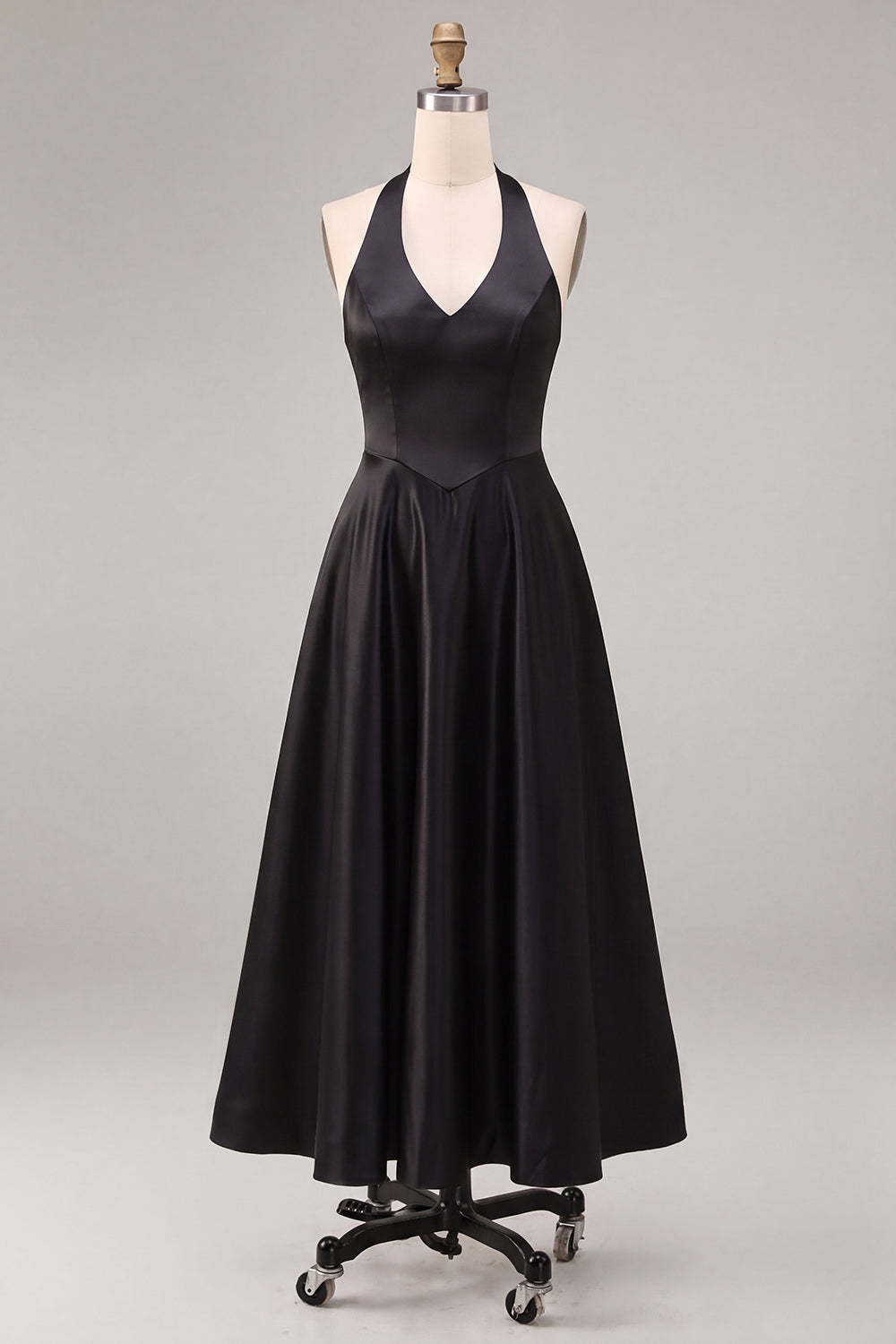 Black Satin Halter A Line Simple Long Formal Dress