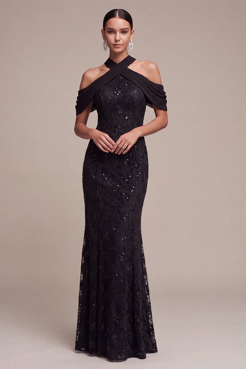 Black Sparkly Cold Shoulder Long Formal Dress Mermaid Sequin Ruched Evening Dress