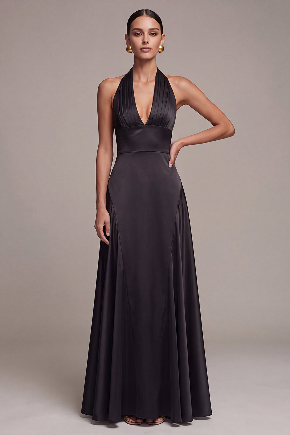 Simple Black Satin Halter Long Formal Dress A Line Ruched Evening Dress