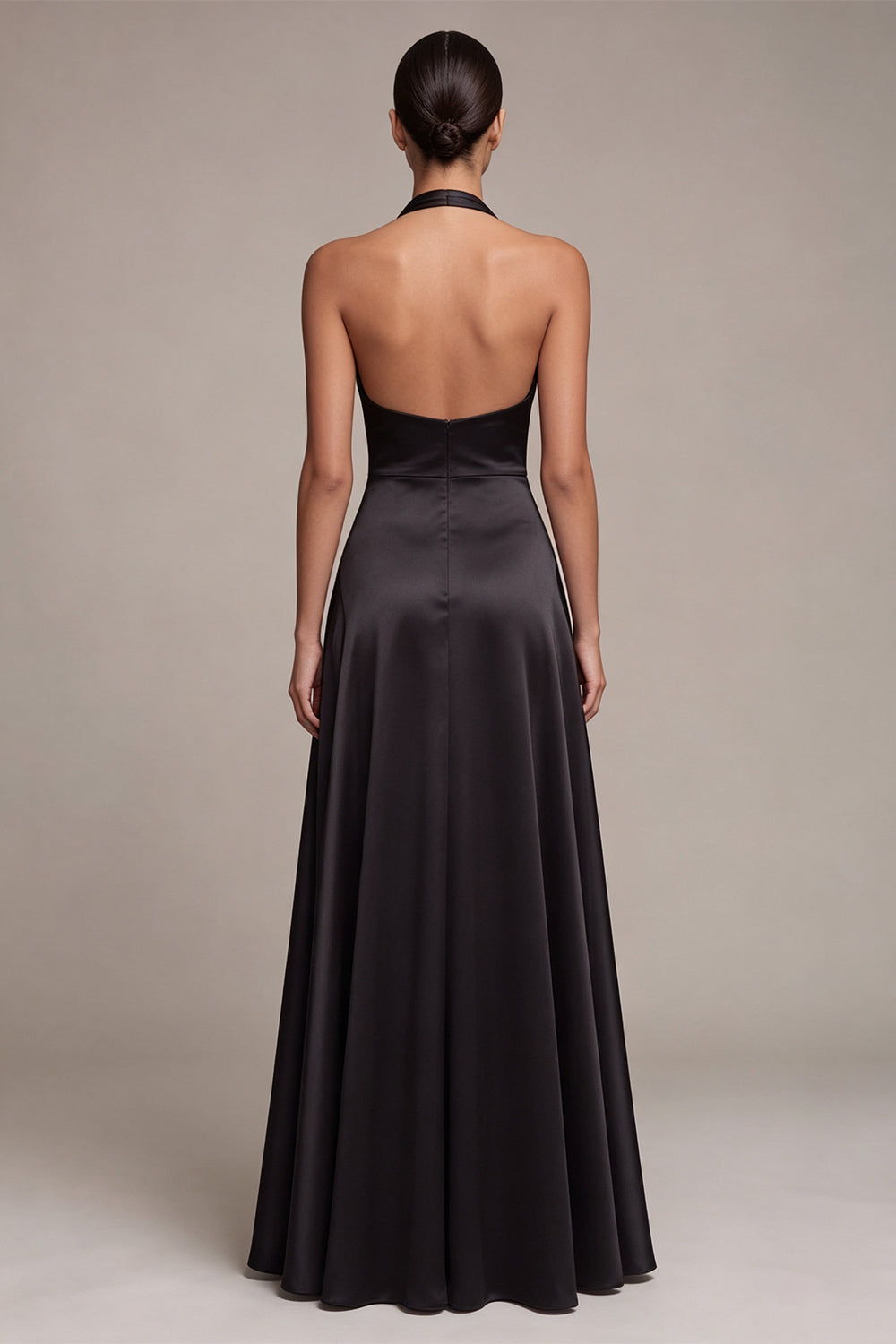 Black Satin A Line Halter Ruched Long Formal Dress