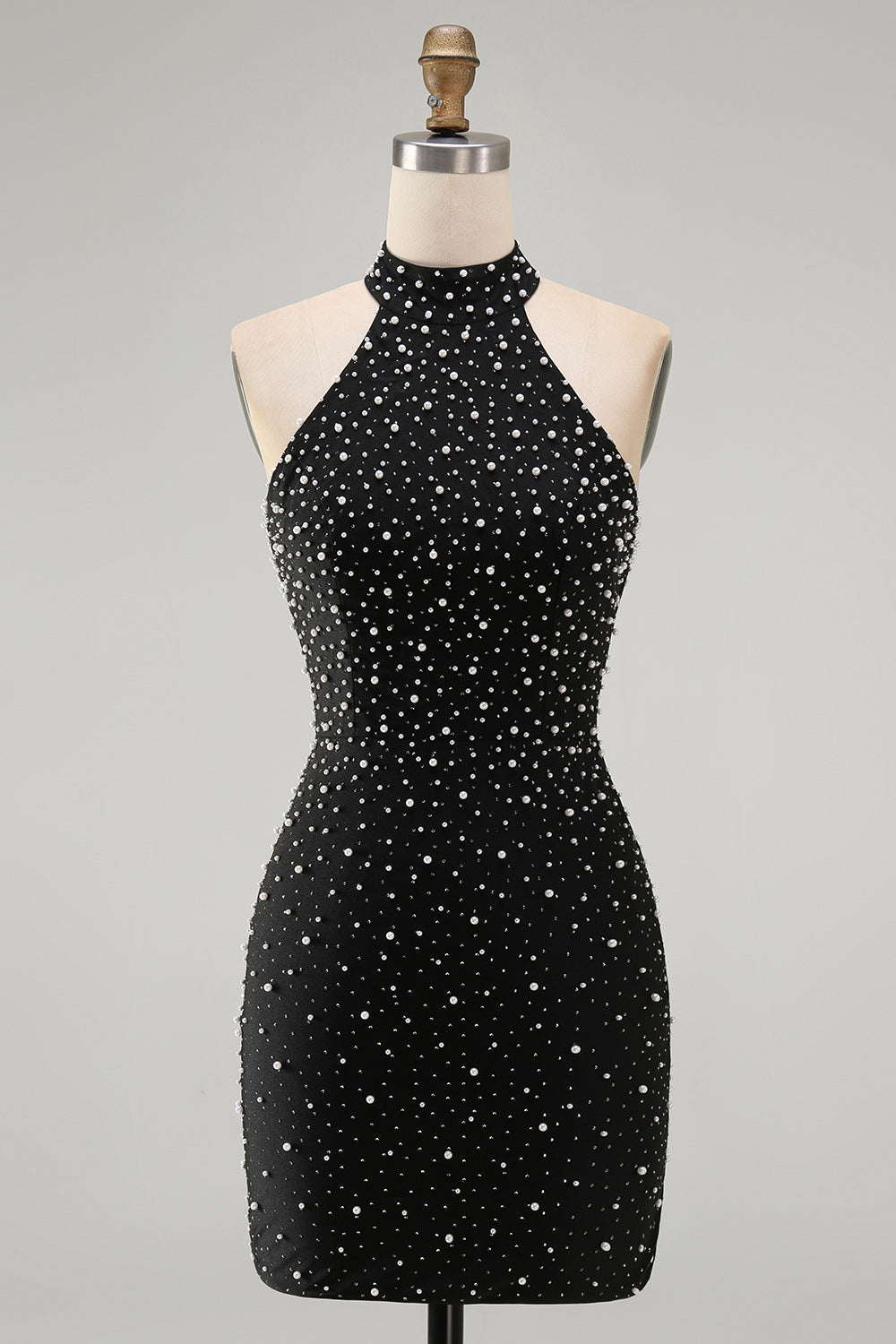 Black Tight Sparkly Halter Short Homecoming Dress with Beading