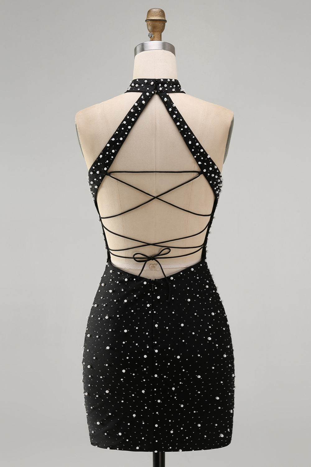 Black Tight Sparkly Halter Short Homecoming Dress with Beading