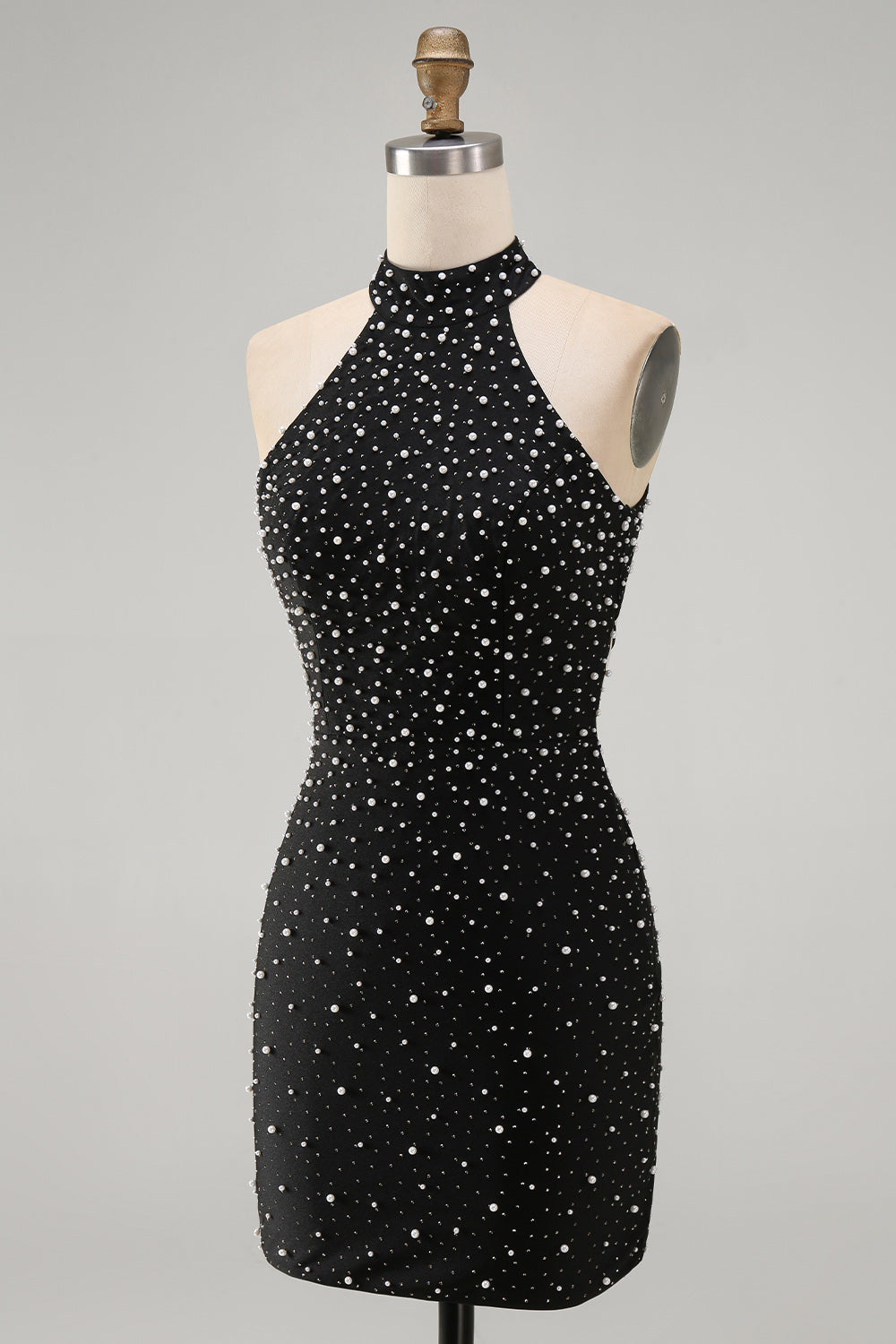 Black Tight Sparkly Halter Short Homecoming Dress with Beading