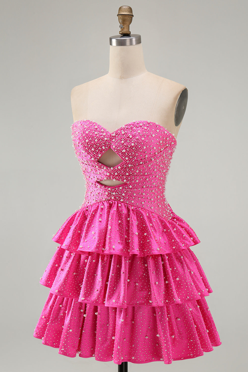 Spakly Tiered Beaded Fuchsia Sweetheart Keyhole Short Homecoming Dress