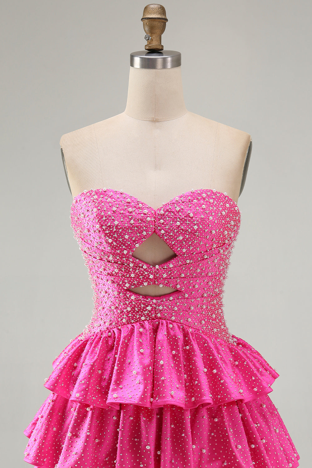 Spakly Tiered Beaded Fuchsia Sweetheart Keyhole Short Homecoming Dress