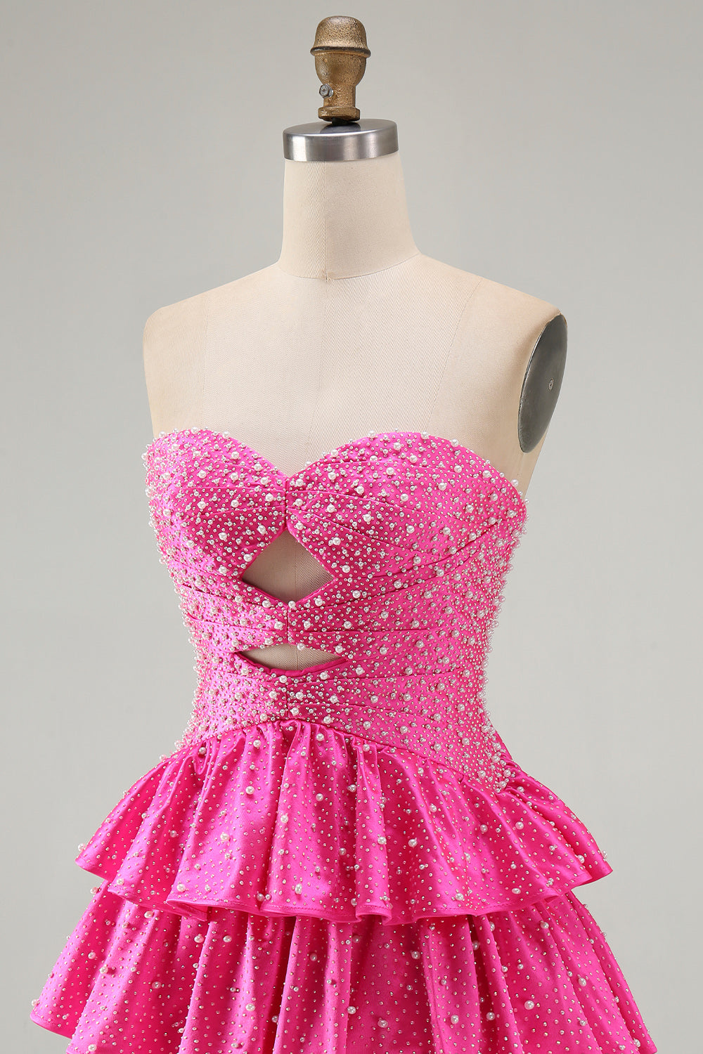 Spakly Tiered Beaded Fuchsia Sweetheart Keyhole Short Homecoming Dress