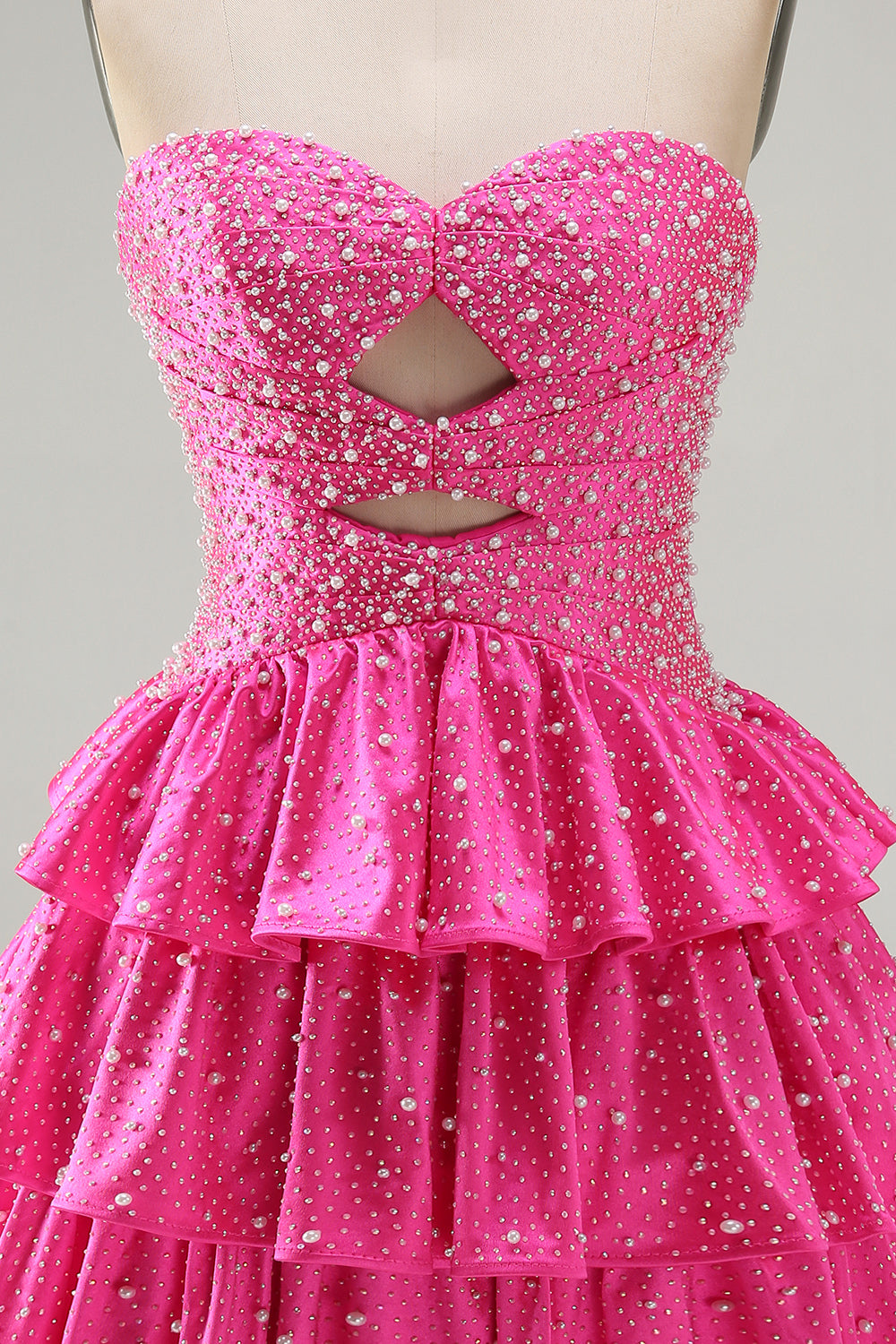 Spakly Tiered Beaded Fuchsia Sweetheart Keyhole Short Homecoming Dress