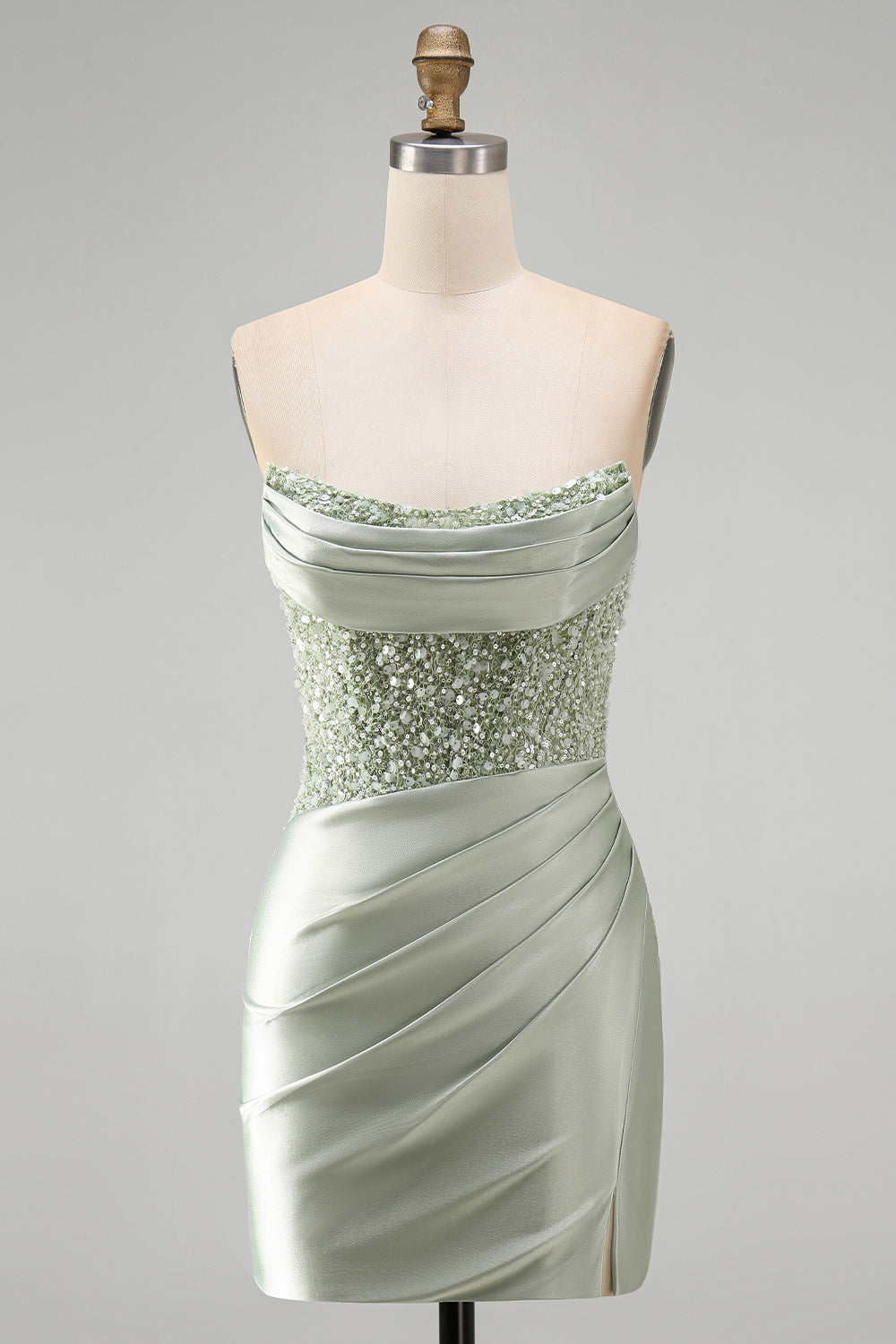 Sparkly Dusty Green Sequins Tight Satin Ruched Short Homecoming Dress