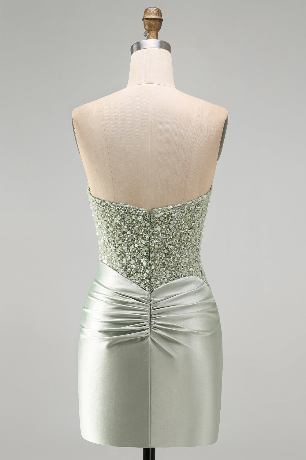 Sparkly Dusty Green Sequins Tight Satin Ruched Short Homecoming Dress