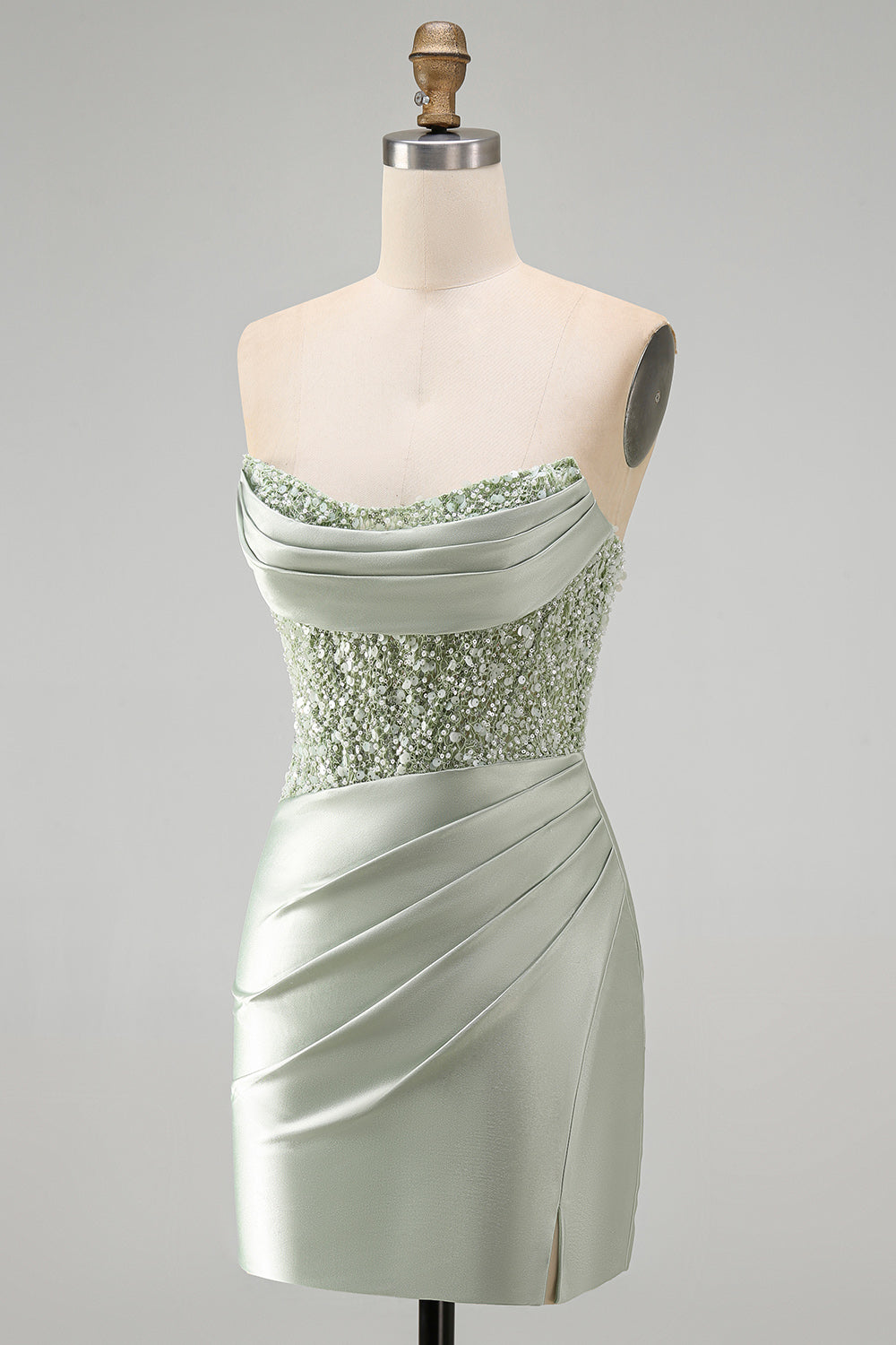 Sparkly Dusty Green Sequins Tight Satin Ruched Short Homecoming Dress