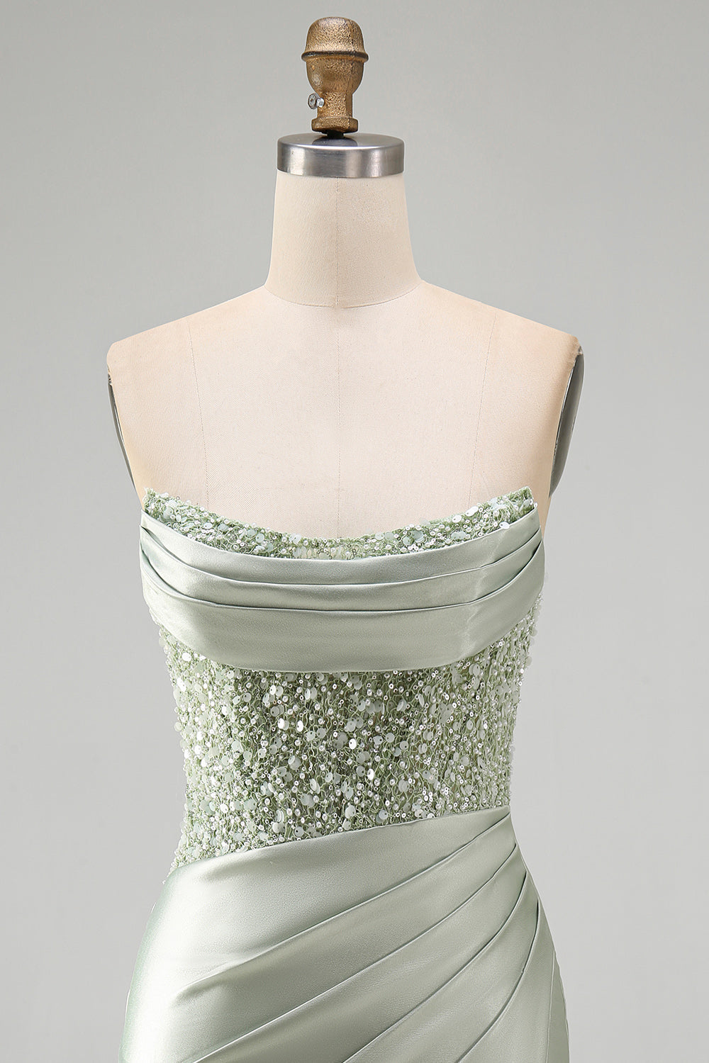 Sparkly Dusty Green Sequins Tight Satin Ruched Short Homecoming Dress