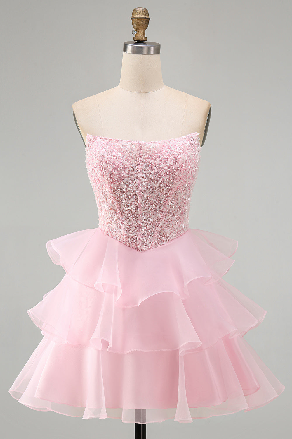 Corset Tiered Pink Strapless Ruffled Short Homecoming Dress with Pearls