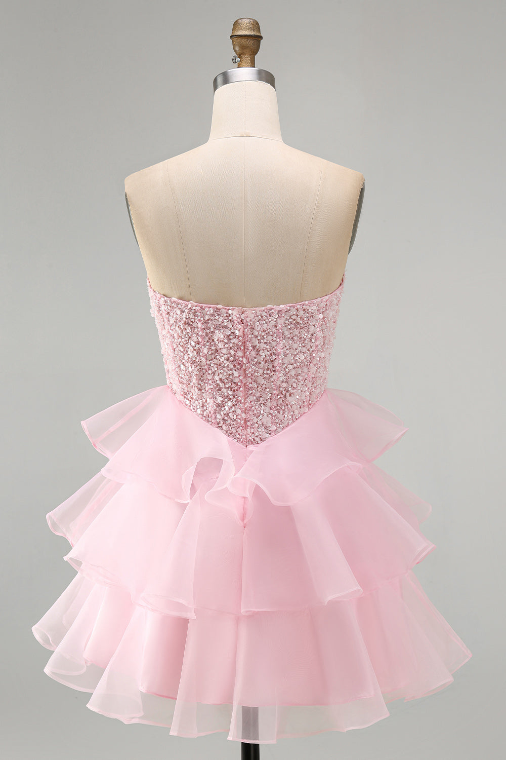 Corset Tiered Pink Strapless Ruffled Short Homecoming Dress with Pearls