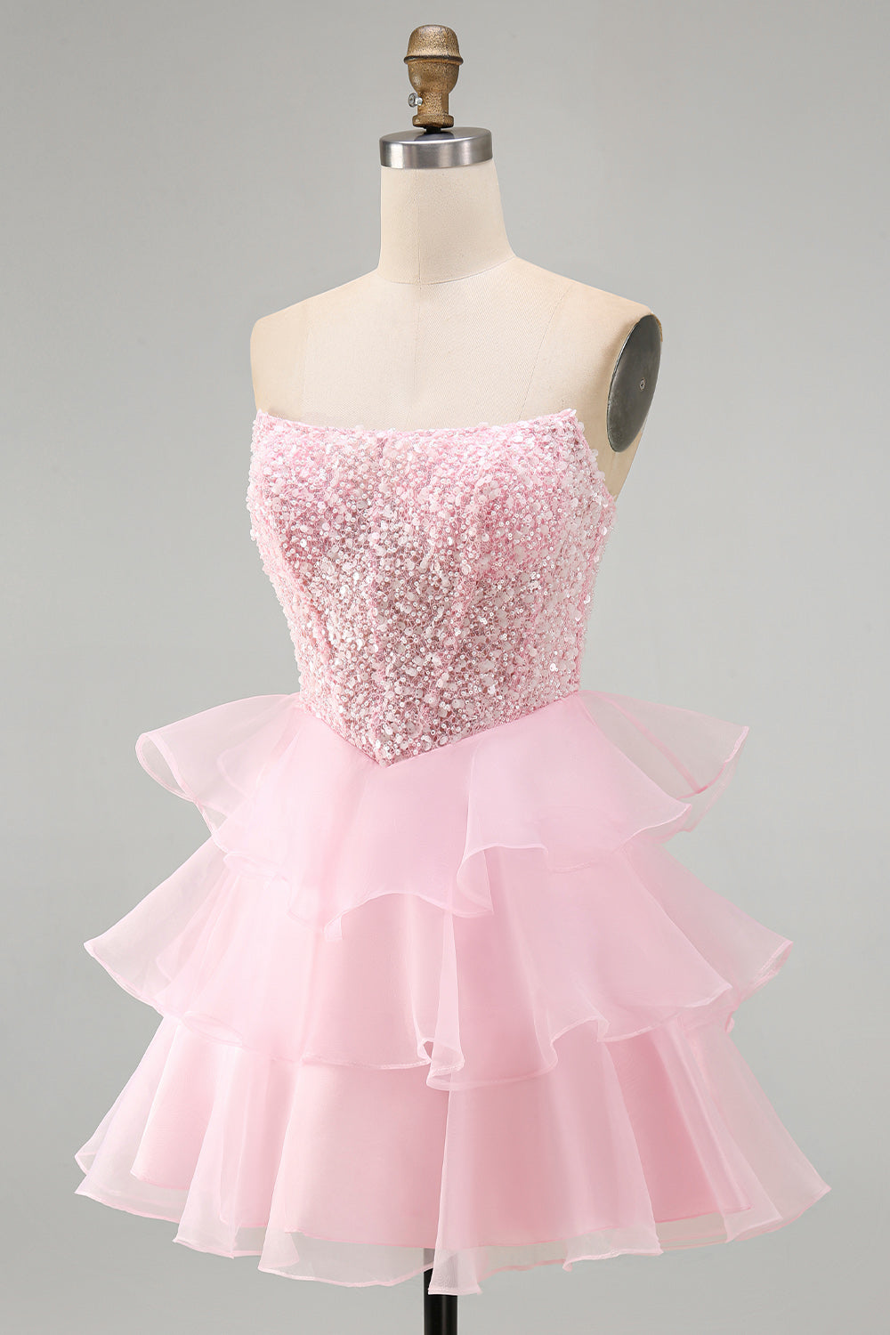 Corset Tiered Pink Strapless Ruffled Short Homecoming Dress with Pearls