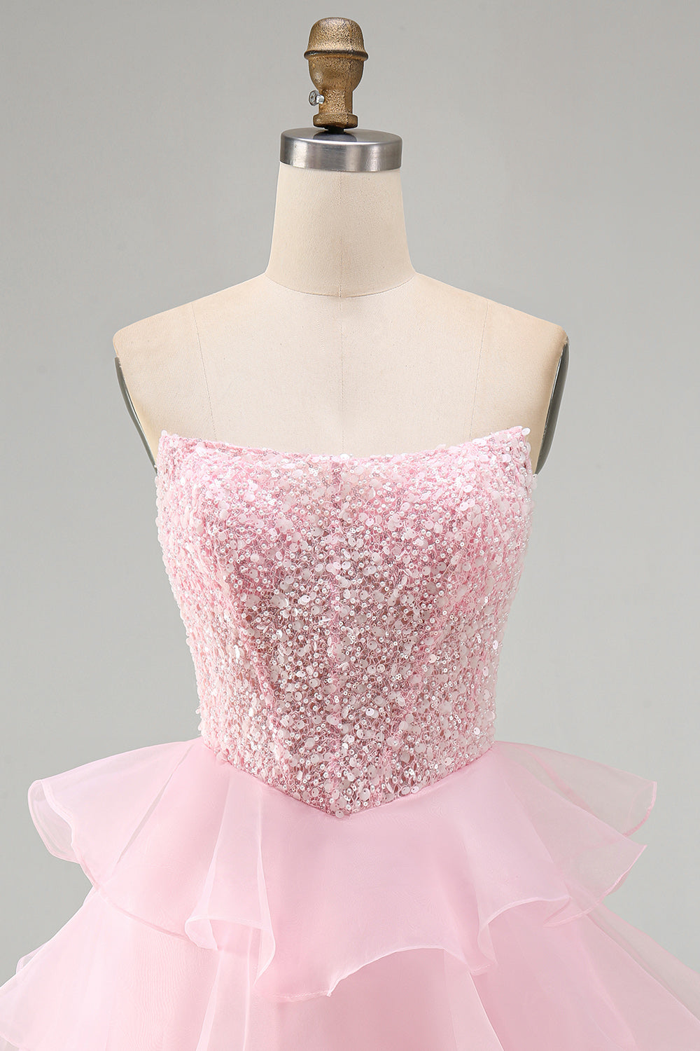 Corset Tiered Pink Strapless Ruffled Short Homecoming Dress with Pearls