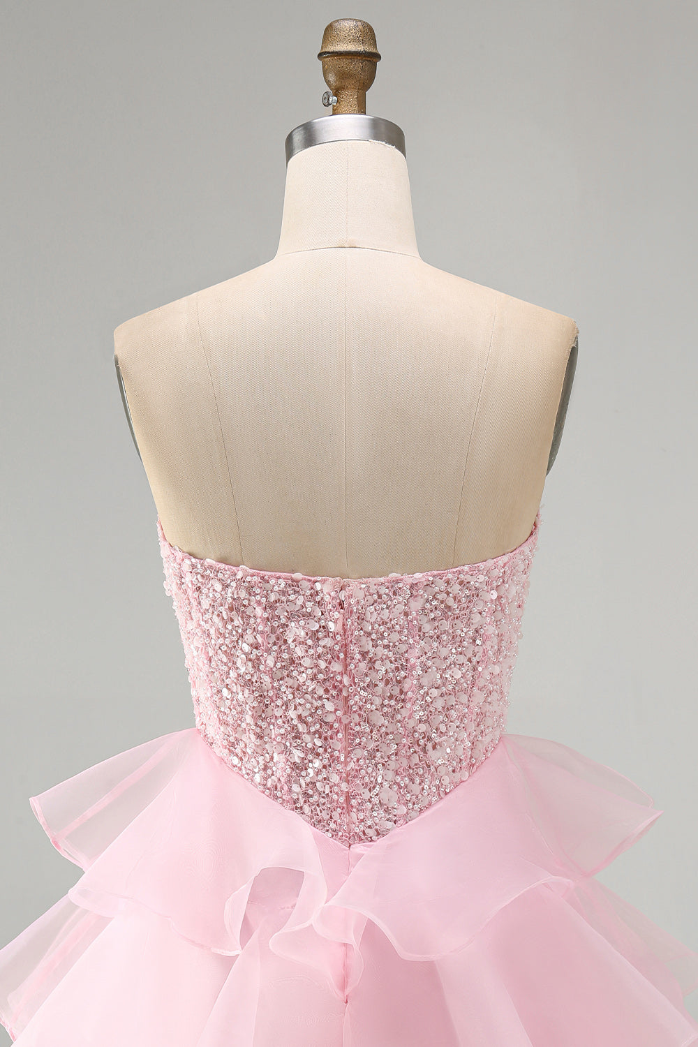 Corset Tiered Pink Strapless Ruffled Short Homecoming Dress with Pearls