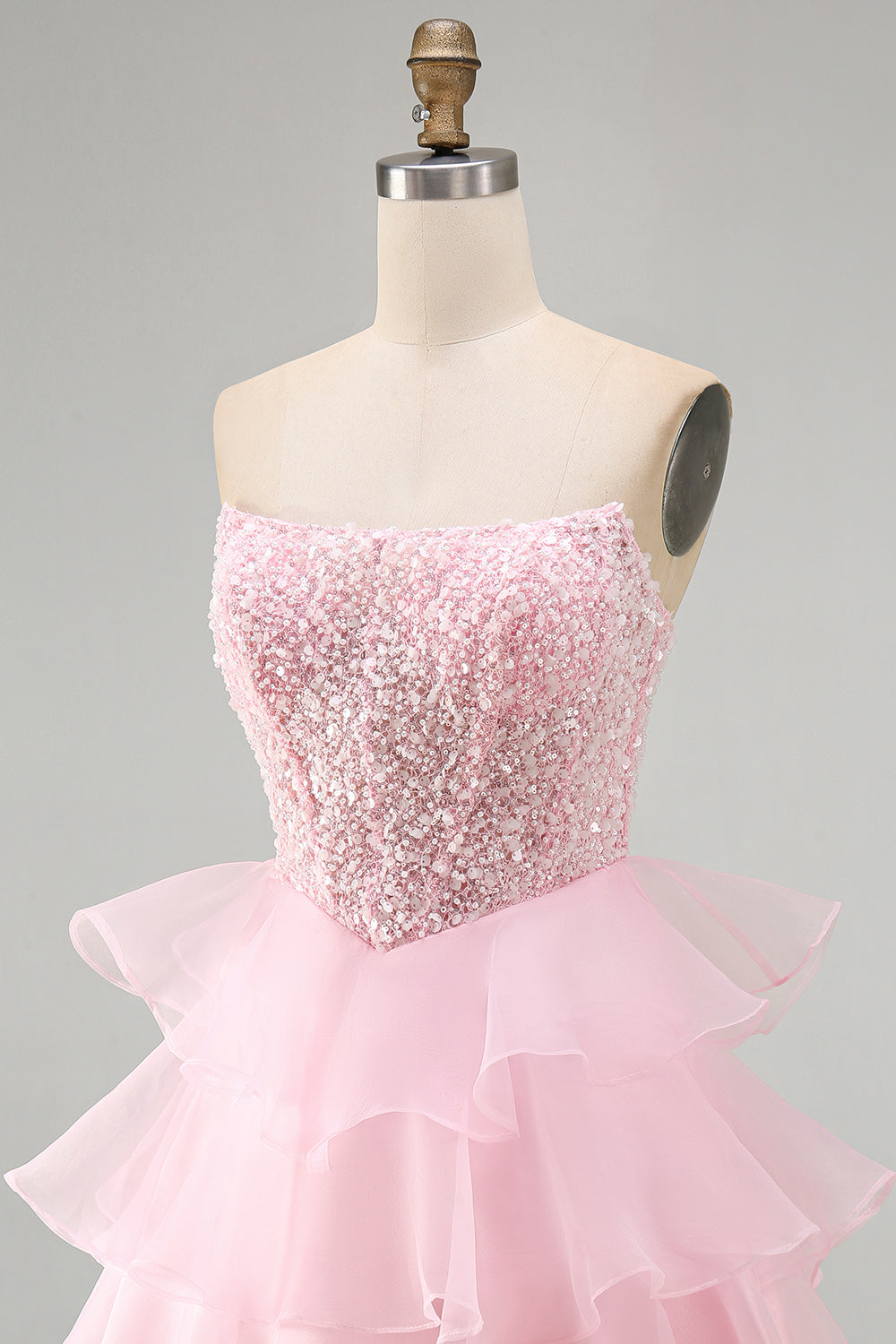 Corset Tiered Pink Strapless Ruffled Short Homecoming Dress with Pearls