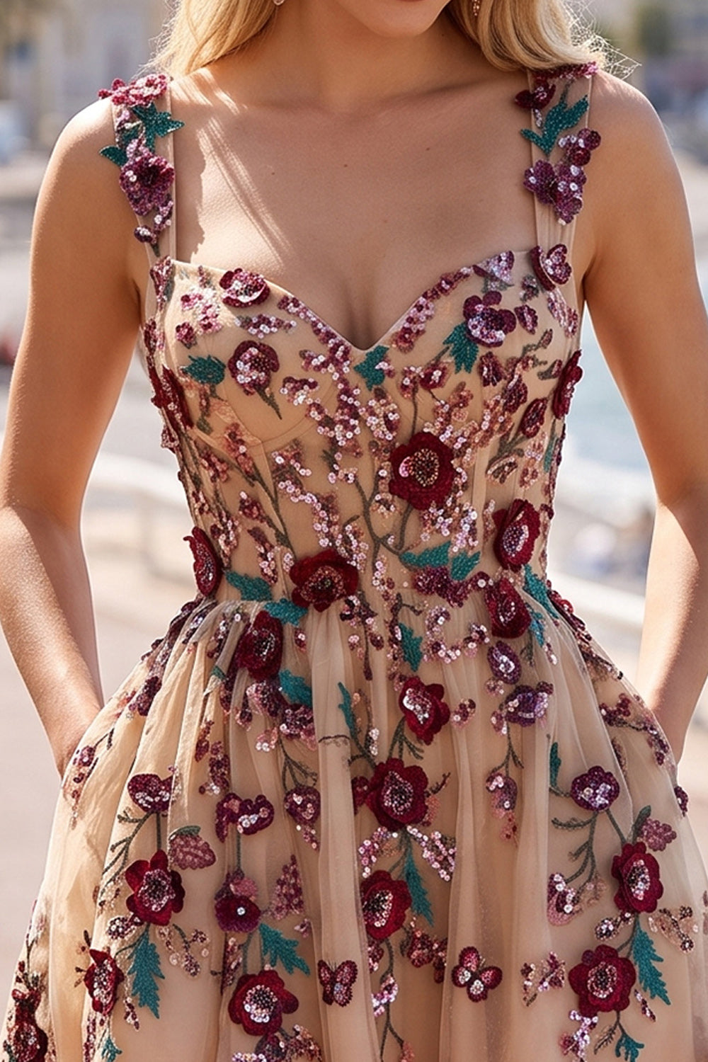 Champagne Floral Sparkly Sequin A Line Short Homecoming Dress with Pockets