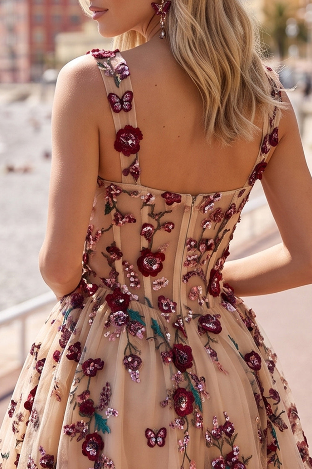 Champagne Floral Sparkly Sequin A Line Short Homecoming Dress with Pockets