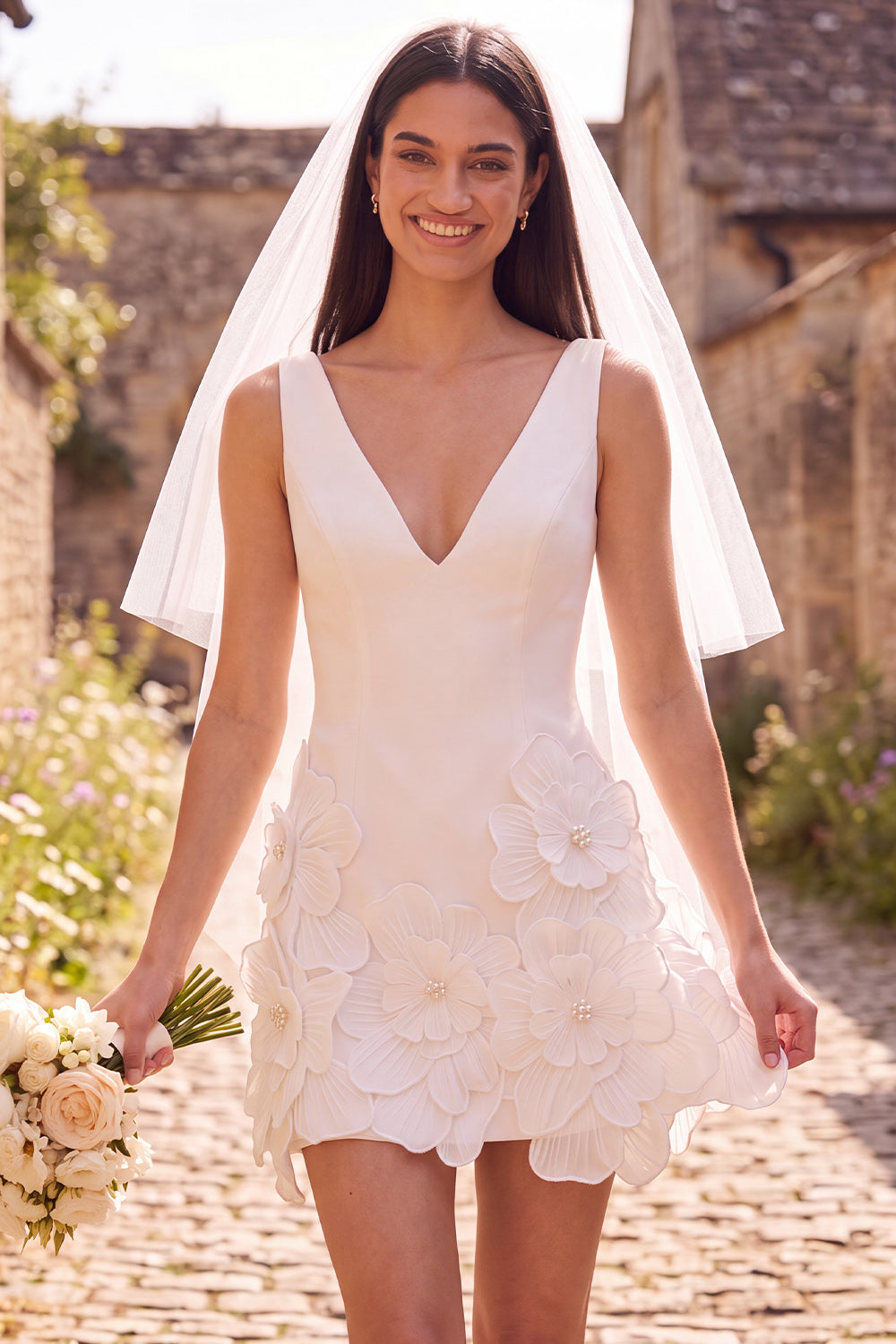 White Floral V-Neck Short A Line Bridal Shower Dress