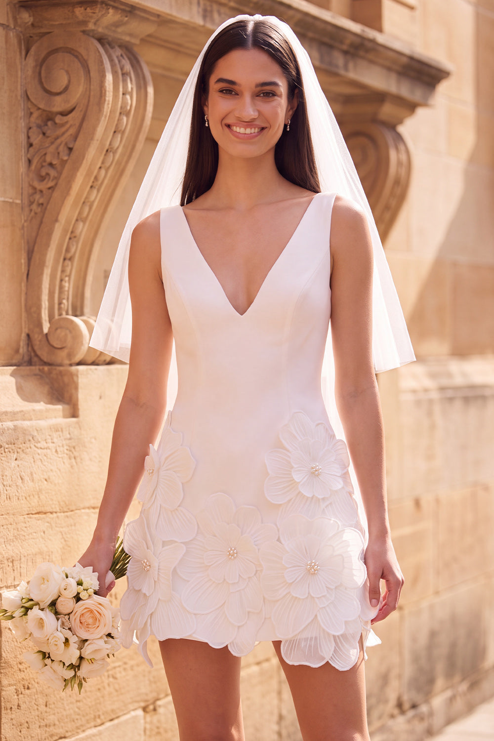 White Floral V-Neck Short A Line Bridal Shower Dress