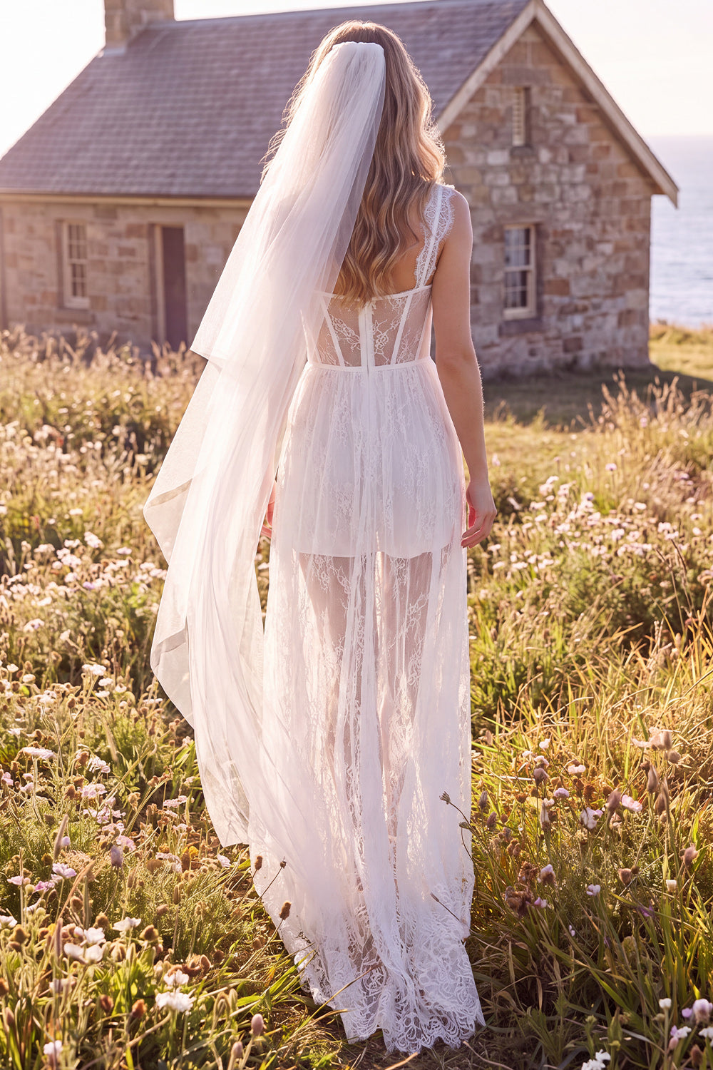 White Corset Lace Sweep Train Boho Engagement Dress