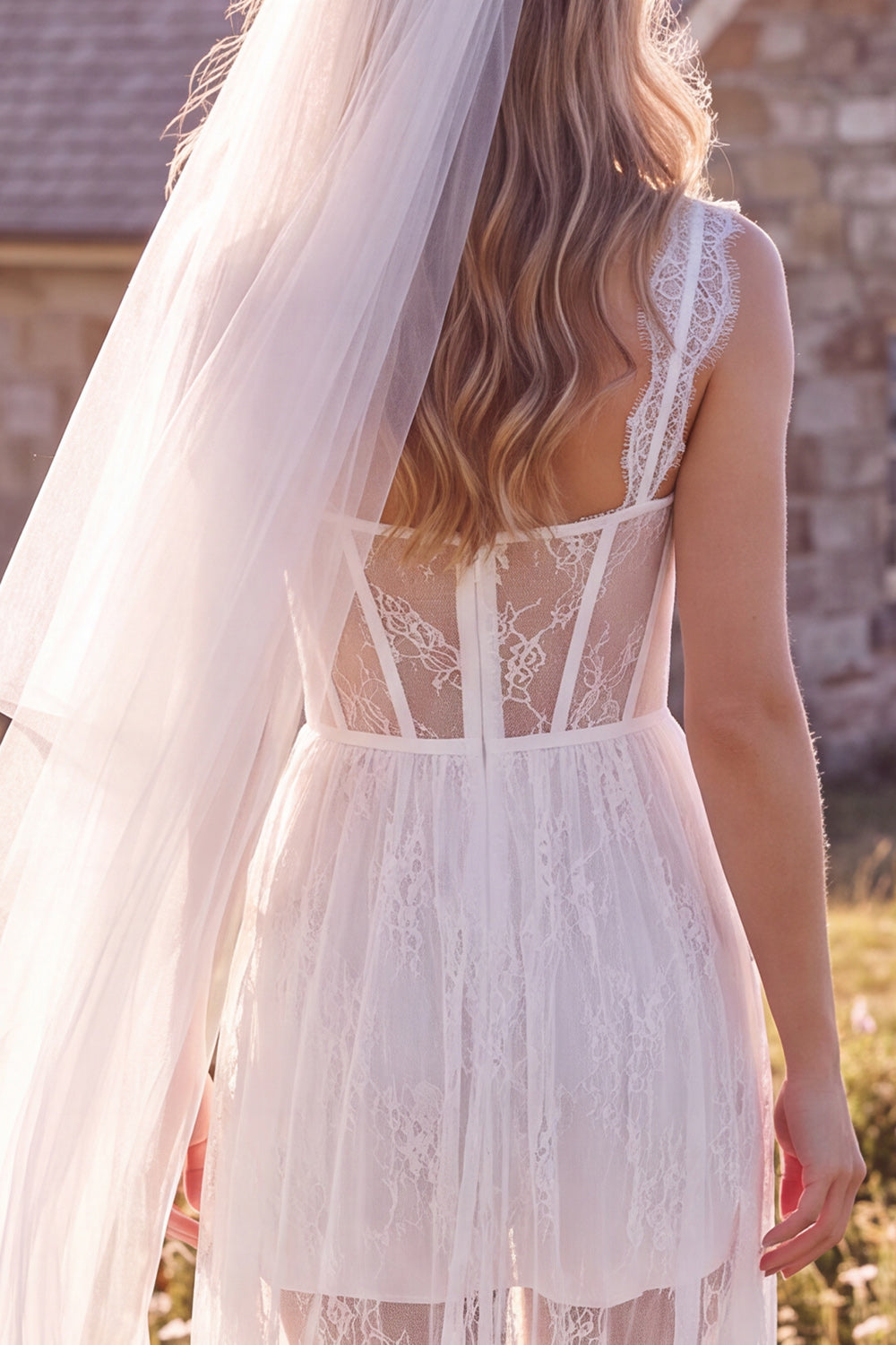 White Corset Lace Sweep Train Boho Engagement Dress