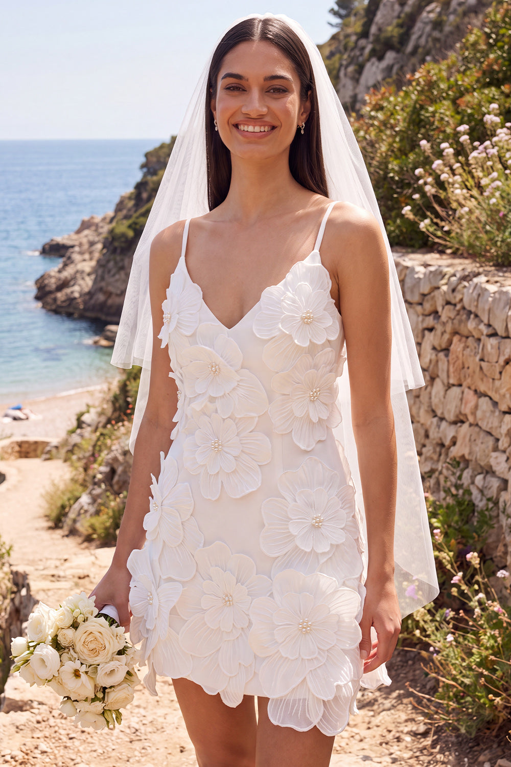White Bodycon Floral Beaded V-Neck Short Bridal Shower Dress