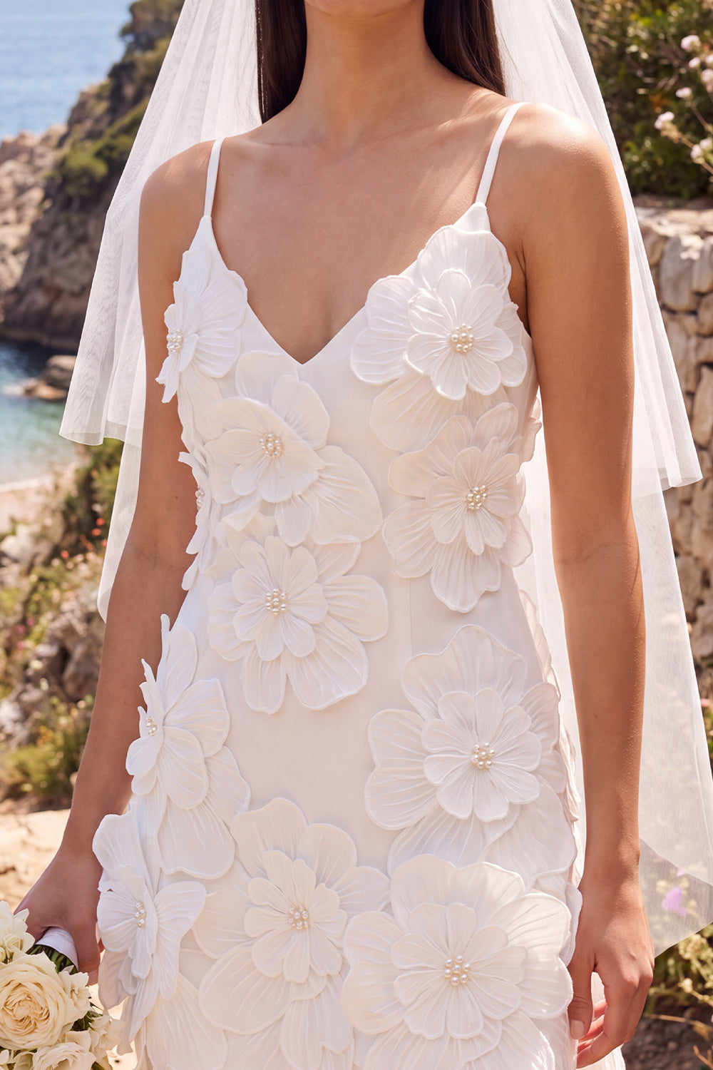 White Bodycon Floral Beaded V-Neck Short Bridal Shower Dress