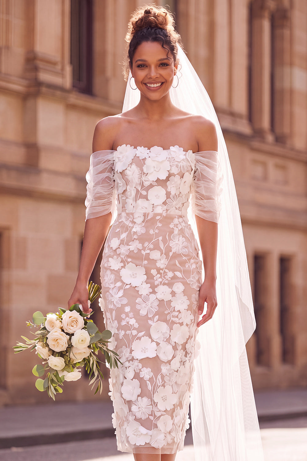 Floral White Bodycon Off the Shoulder Midi Engagement Dress
