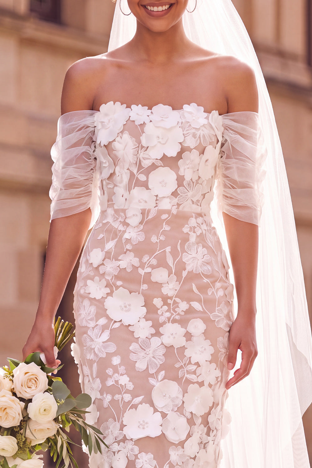 Floral White Bodycon Off the Shoulder Midi Engagement Dress
