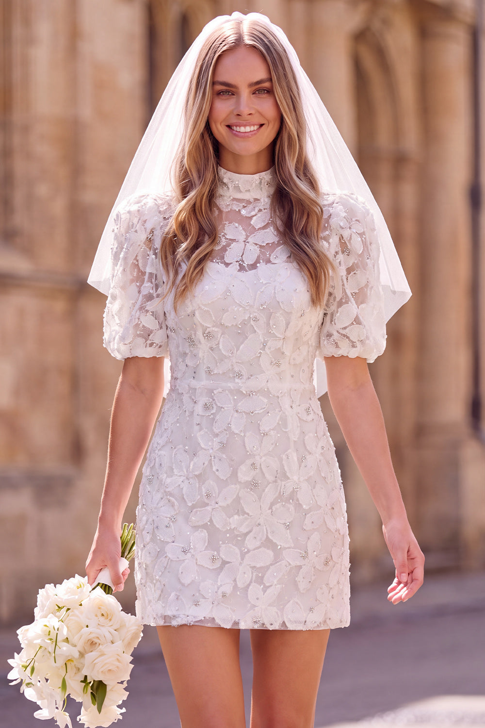 White High Neck Floral Bodycon Short Bridal Shower Dress with Sleeves