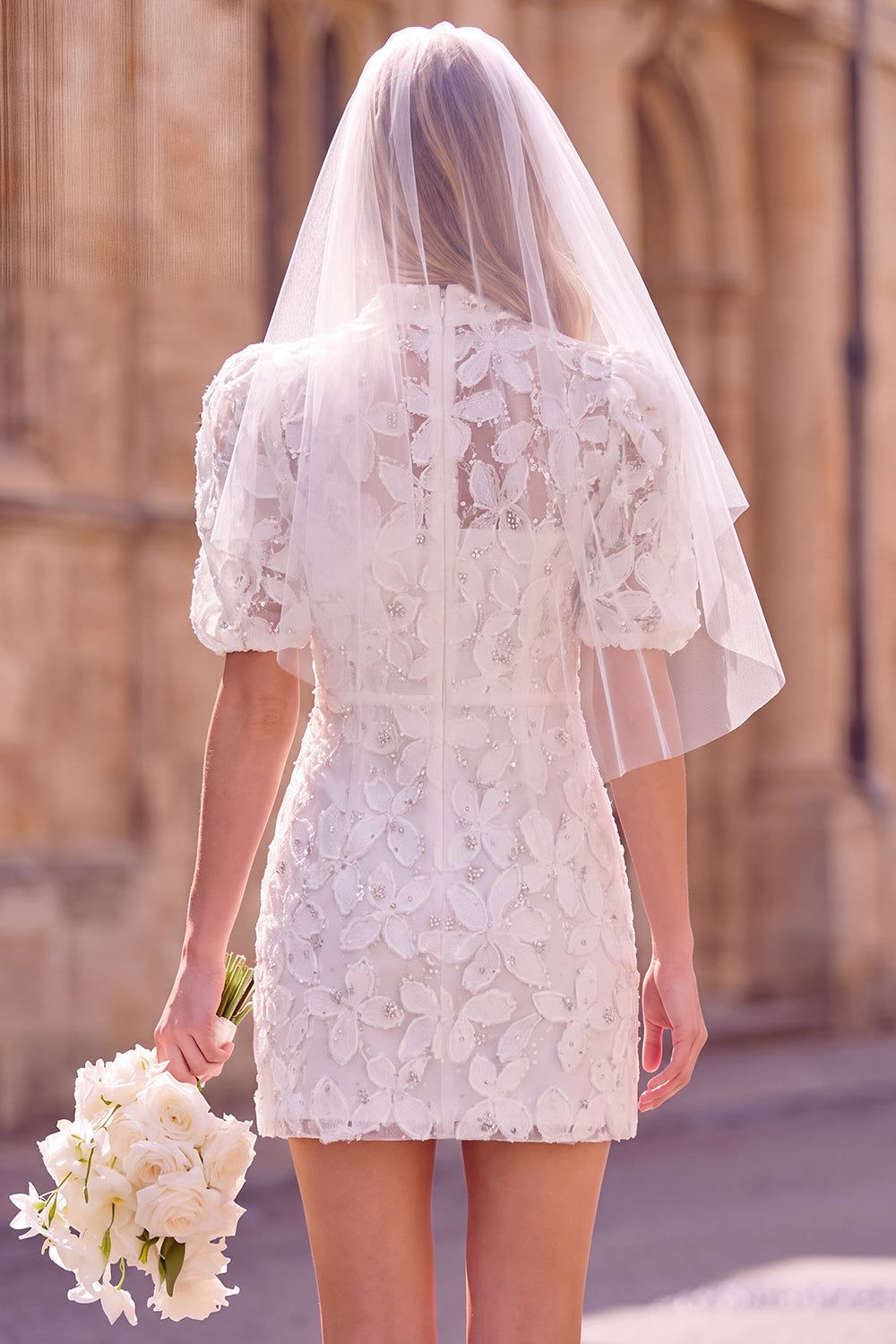 White High Neck Floral Bodycon Short Bridal Shower Dress with Sleeves