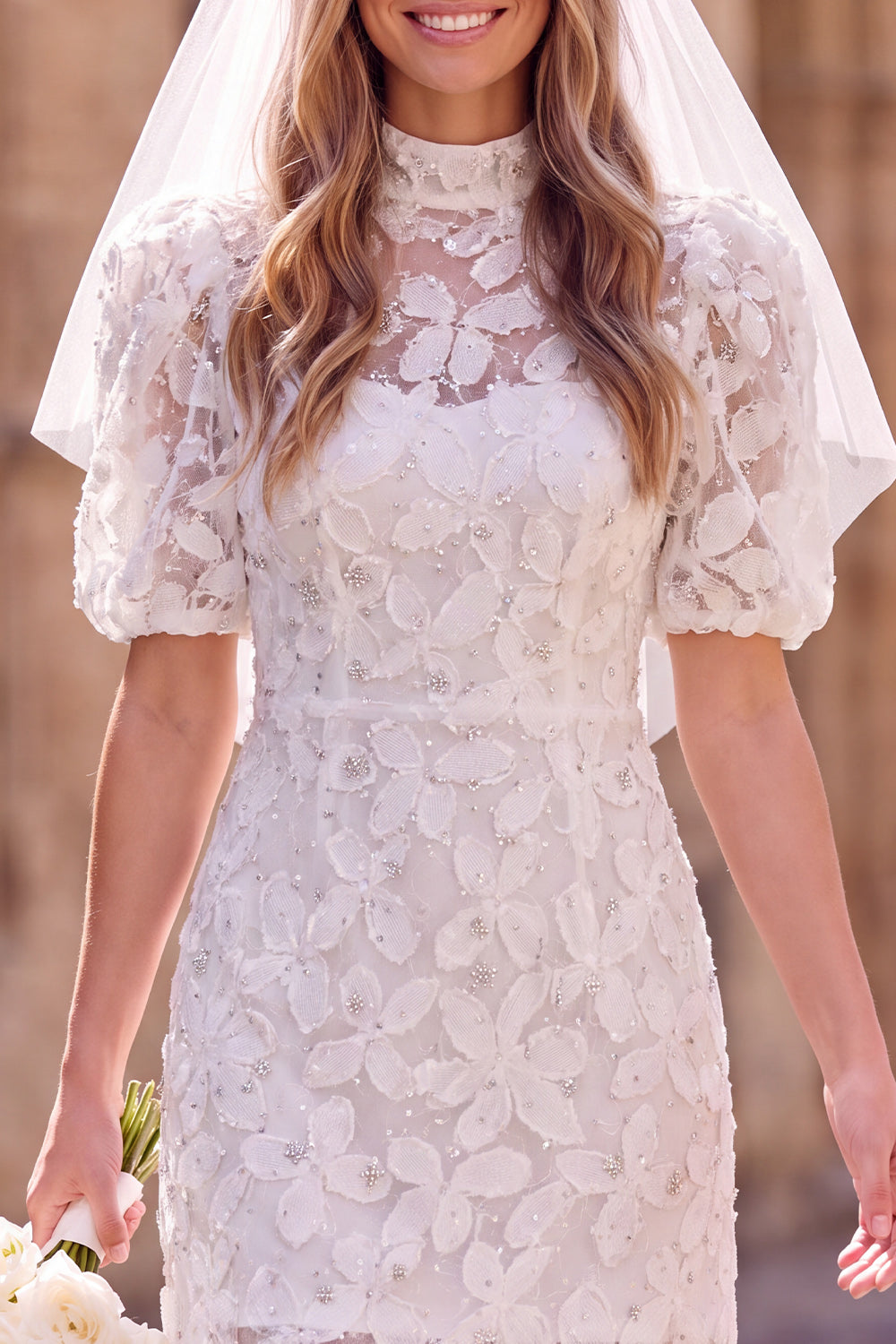 White High Neck Floral Bodycon Short Bridal Shower Dress with Sleeves