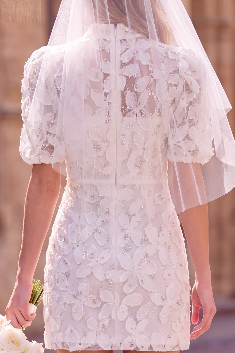 White High Neck Floral Bodycon Short Bridal Shower Dress with Sleeves