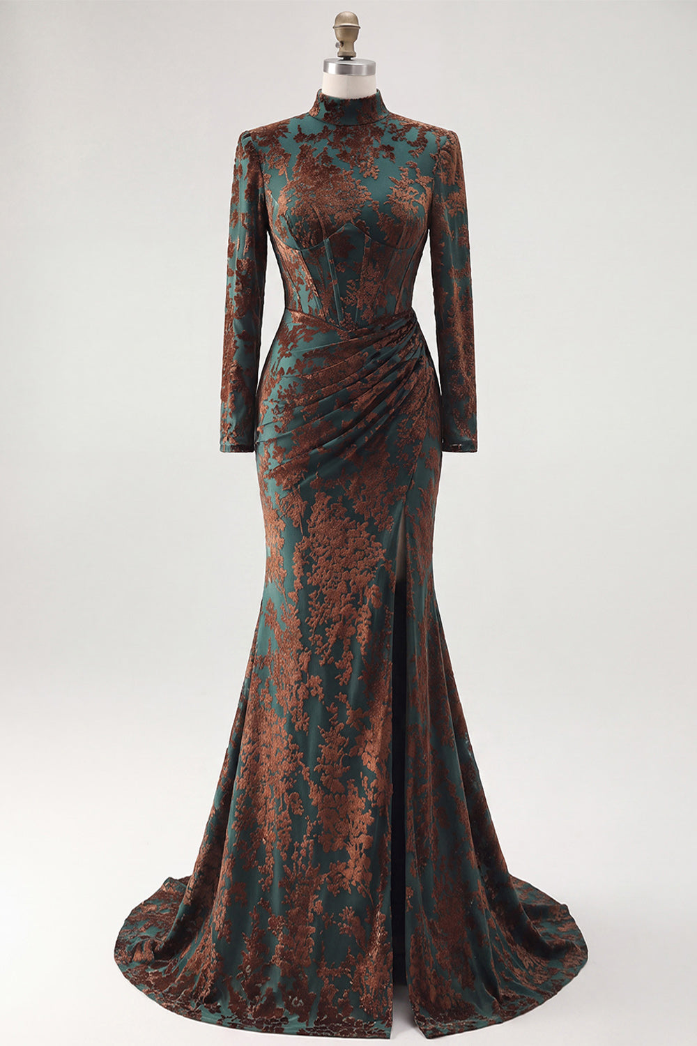 Dark Green Corset Mermaid Floral Long Sleeves Velvet Holiday Dress with Slit