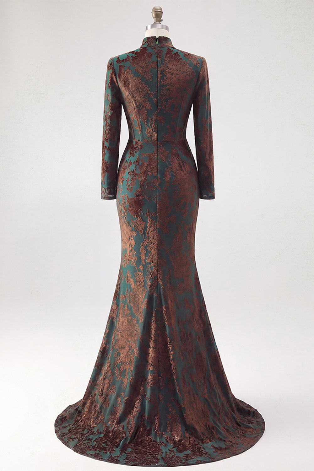 Dark Green Corset Mermaid Floral Long Sleeves Velvet Holiday Dress with Slit